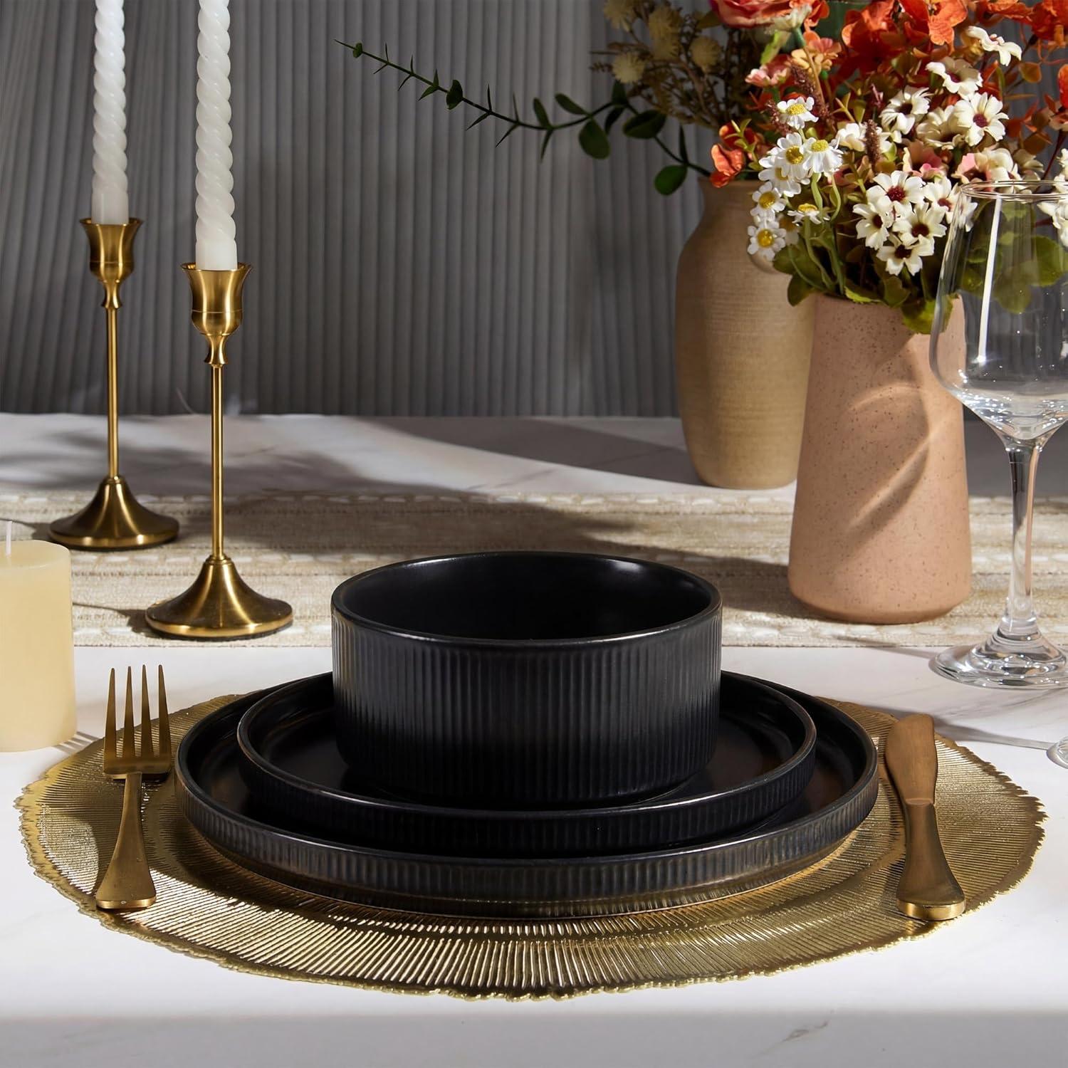imageEfar Stoneware Dinnerware Sets for 2 6Piece Plates and Bowls Sets Chip amp Scratch Resistant Ribbed Dish Set for Home Restaurant Microwave amp Dishwasher Safe Midnight BlueMatte Black