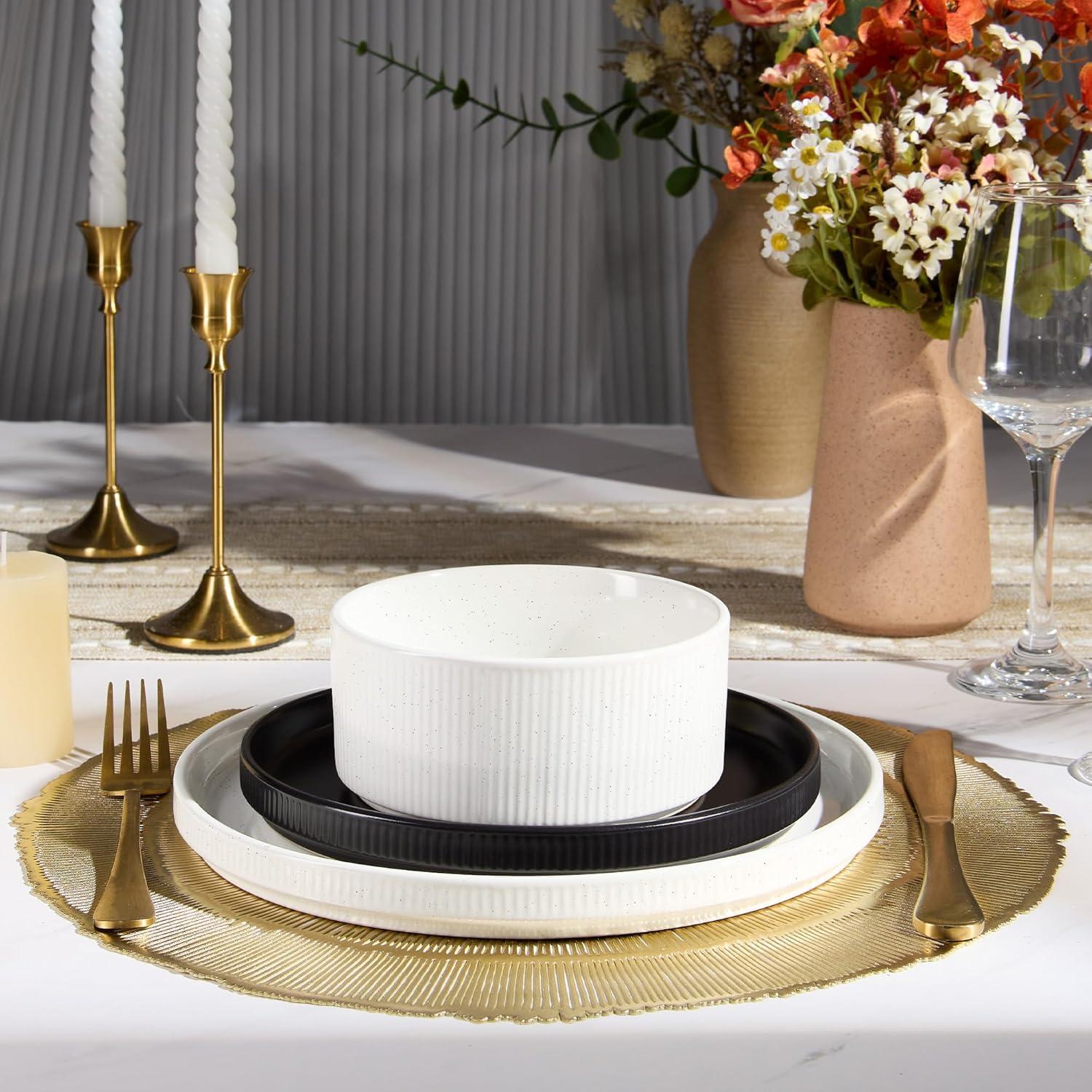 imageEfar Stoneware Dinnerware Sets for 2 6Piece Plates and Bowls Sets Chip amp Scratch Resistant Ribbed Dish Set for Home Restaurant Microwave amp Dishwasher Safe Midnight BlueSpeckled White Matte Black