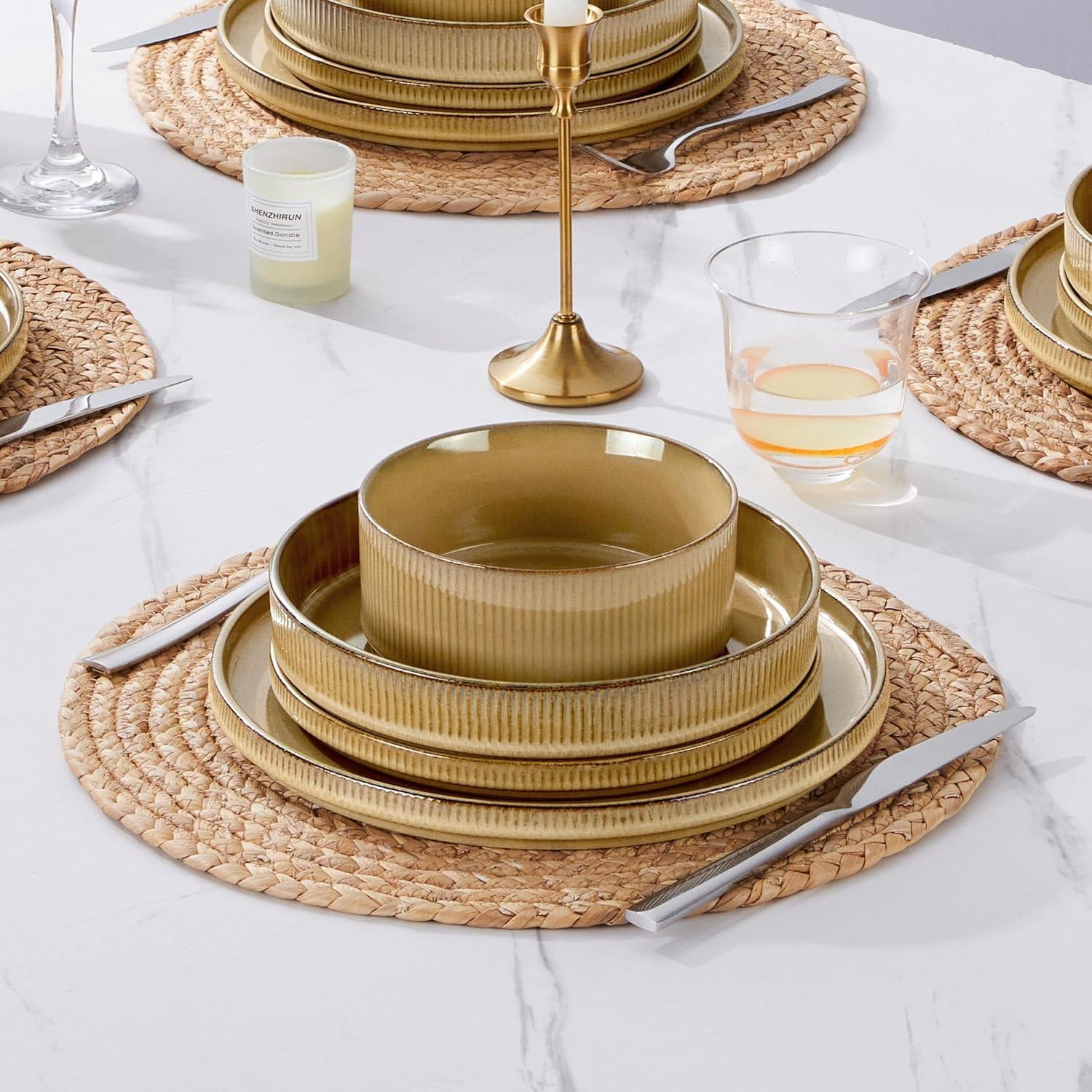 imageEfar Stoneware Dinnerware Sets for 2 6Piece Plates and Bowls Sets Chip amp Scratch Resistant Ribbed Dish Set for Home Restaurant Microwave amp Dishwasher Safe Midnight BlueCaramel Khaki