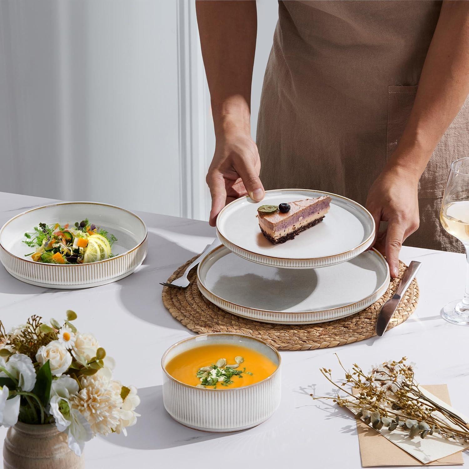 imageEfar Stoneware Dinnerware Sets for 2 6Piece Plates and Bowls Sets Chip amp Scratch Resistant Ribbed Dish Set for Home Restaurant Microwave amp Dishwasher Safe Dusty BlueCreamy Beige