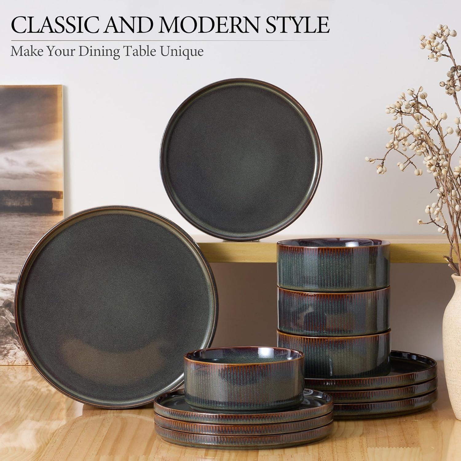 imageEfar Stoneware Dinnerware Sets for 2 6Piece Plates and Bowls Sets Chip amp Scratch Resistant Ribbed Dish Set for Home Restaurant Microwave amp Dishwasher Safe Dusty BlueBlackish Green