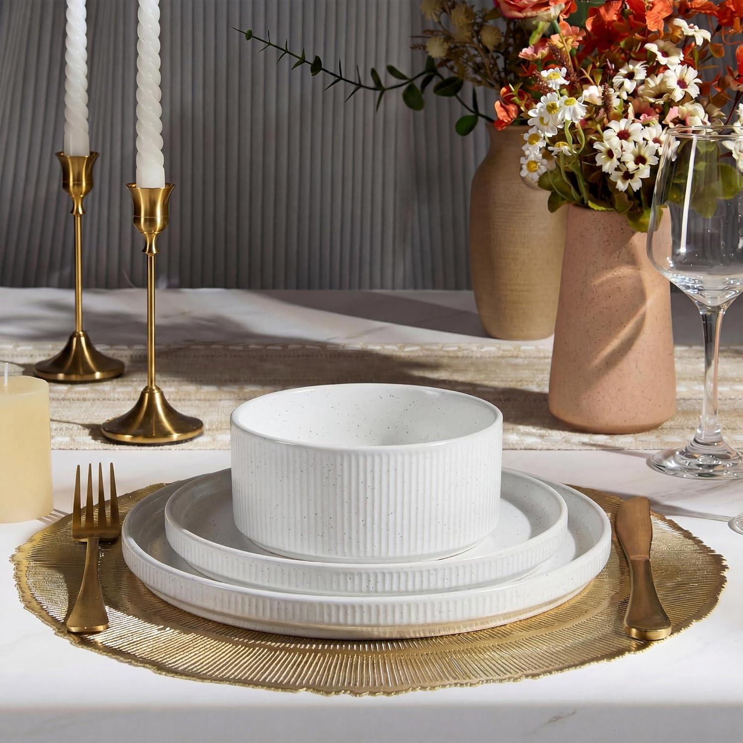 imageEfar Stoneware Dinnerware Sets for 2 6Piece Plates and Bowls Sets Chip amp Scratch Resistant Ribbed Dish Set for Home Restaurant Microwave amp Dishwasher Safe Dusty BlueSpeckled White