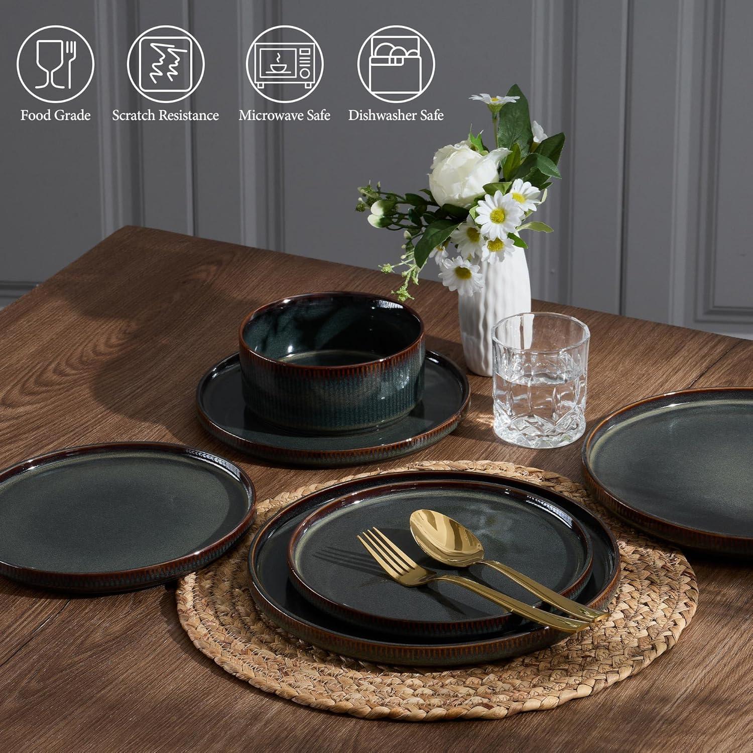 imageEfar Stoneware Dinnerware Sets for 2 6Piece Plates and Bowls Sets Chip amp Scratch Resistant Ribbed Dish Set for Home Restaurant Microwave amp Dishwasher Safe Dusty BlueBlackish Green