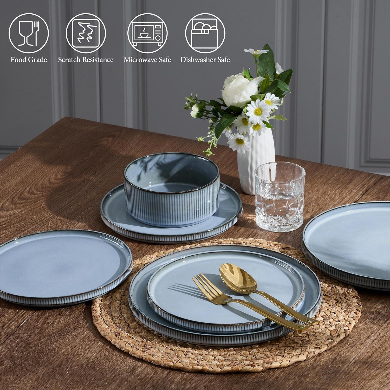 imageEfar Stoneware Dinnerware Sets for 2 6Piece Plates and Bowls Sets Chip amp Scratch Resistant Ribbed Dish Set for Home Restaurant Microwave amp Dishwasher Safe Midnight BlueDusty Blue