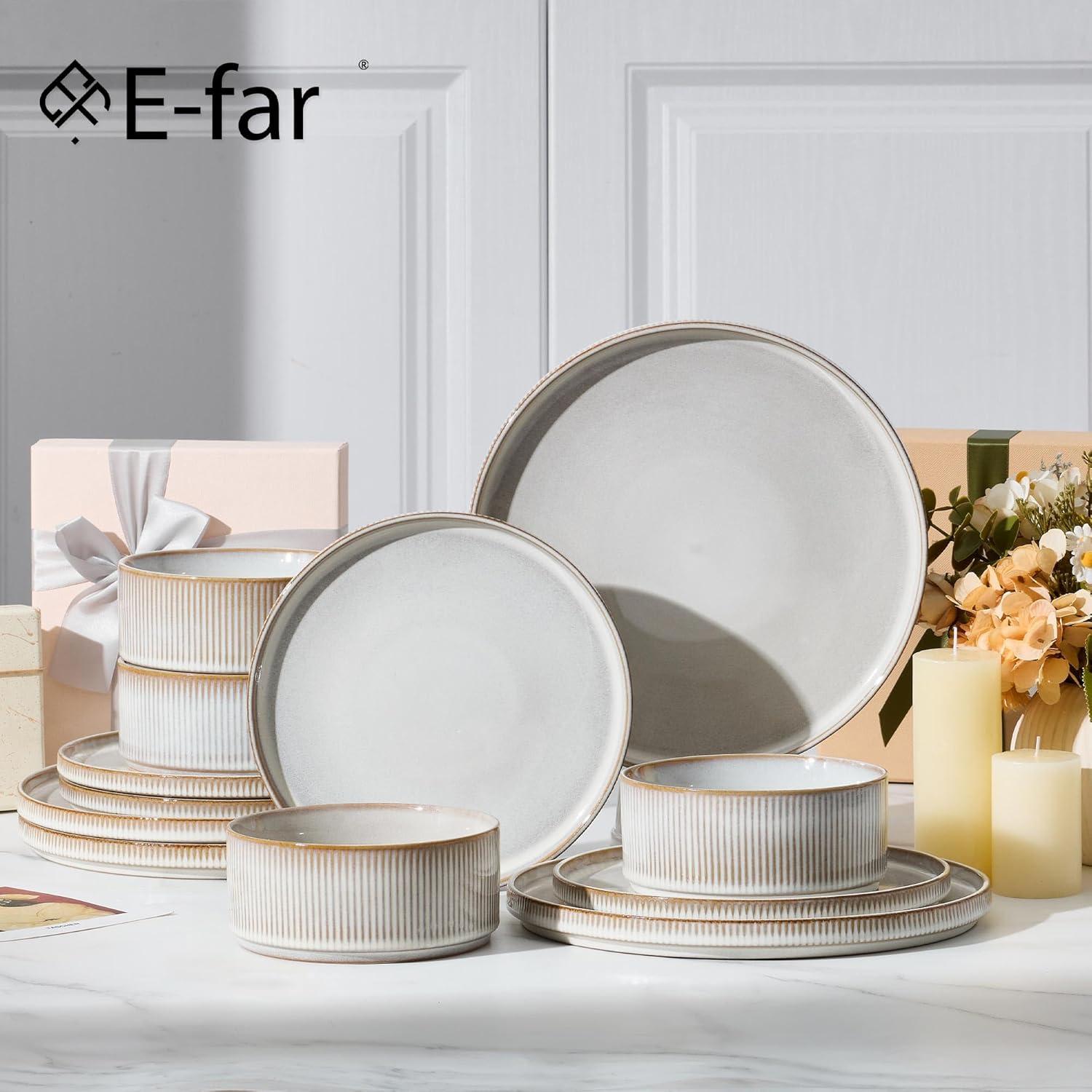 imageEfar Stoneware Dinnerware Sets for 2 6Piece Plates and Bowls Sets Chip amp Scratch Resistant Ribbed Dish Set for Home Restaurant Microwave amp Dishwasher Safe Dusty BlueCreamy Beige