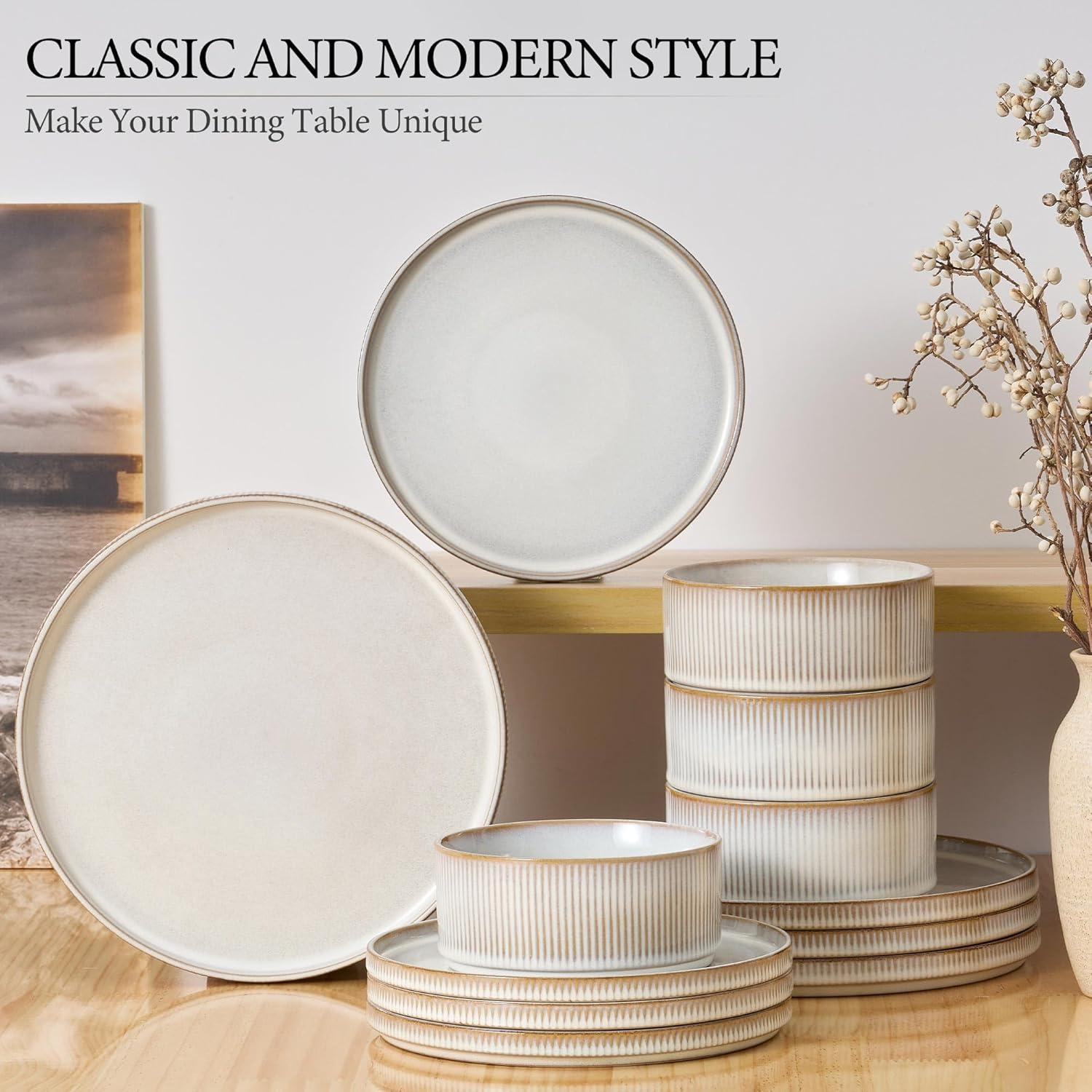 imageEfar Stoneware Dinnerware Sets for 2 6Piece Plates and Bowls Sets Chip amp Scratch Resistant Ribbed Dish Set for Home Restaurant Microwave amp Dishwasher Safe Dusty BlueCreamy Beige