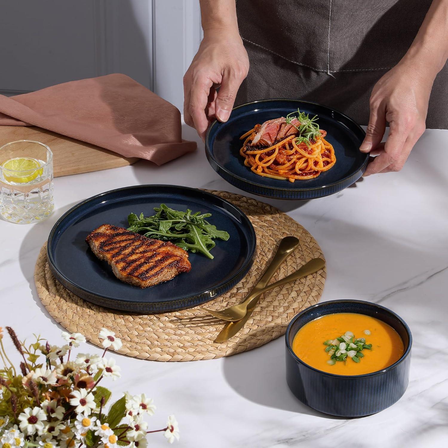 imageEfar Stoneware Dinnerware Sets for 2 6Piece Plates and Bowls Sets Chip amp Scratch Resistant Ribbed Dish Set for Home Restaurant Microwave amp Dishwasher Safe Midnight BlueMidnight Blue