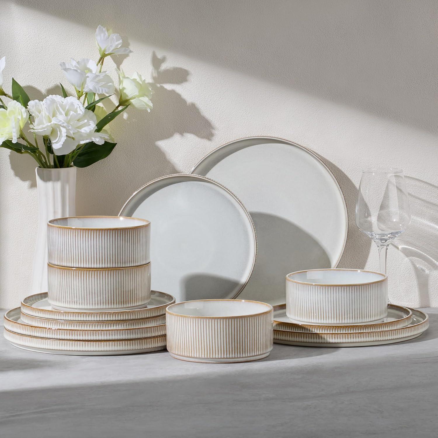 imageEfar Stoneware Dinnerware Sets for 2 6Piece Plates and Bowls Sets Chip amp Scratch Resistant Ribbed Dish Set for Home Restaurant Microwave amp Dishwasher Safe Dusty BlueCreamy Beige