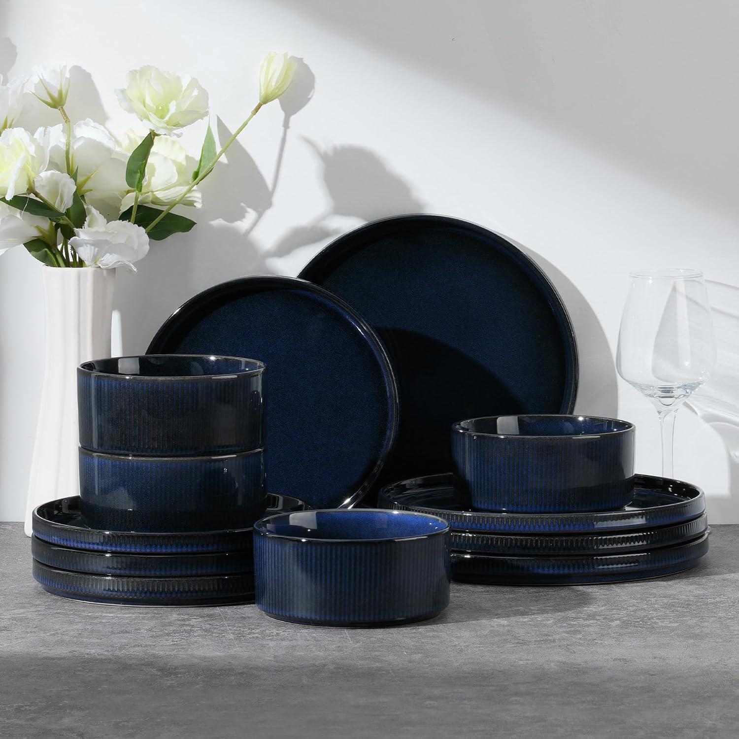 imageEfar Stoneware Dinnerware Sets for 2 6Piece Plates and Bowls Sets Chip amp Scratch Resistant Ribbed Dish Set for Home Restaurant Microwave amp Dishwasher Safe Dusty BlueMidnight Blue