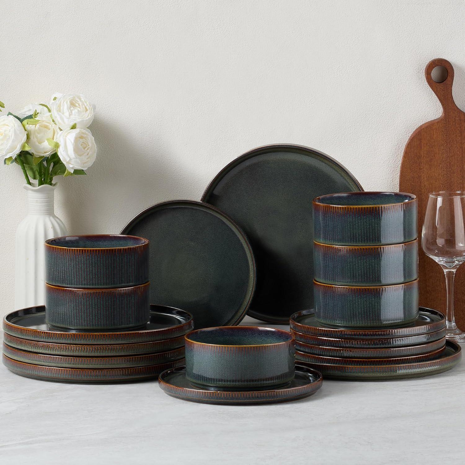 imageEfar Stoneware Dinnerware Sets for 2 6Piece Plates and Bowls Sets Chip amp Scratch Resistant Ribbed Dish Set for Home Restaurant Microwave amp Dishwasher Safe Dusty BlueBlackish Green