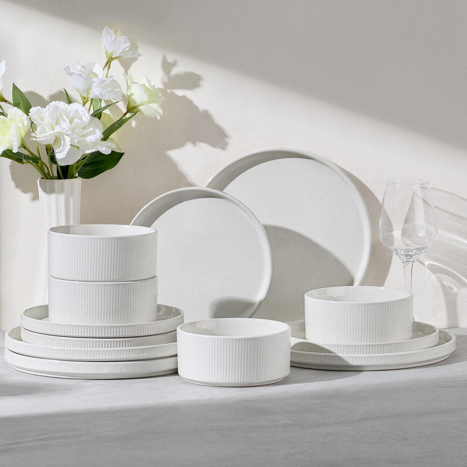 imageEfar Stoneware Dinnerware Sets for 2 6Piece Plates and Bowls Sets Chip amp Scratch Resistant Ribbed Dish Set for Home Restaurant Microwave amp Dishwasher Safe Midnight BlueSpeckled White