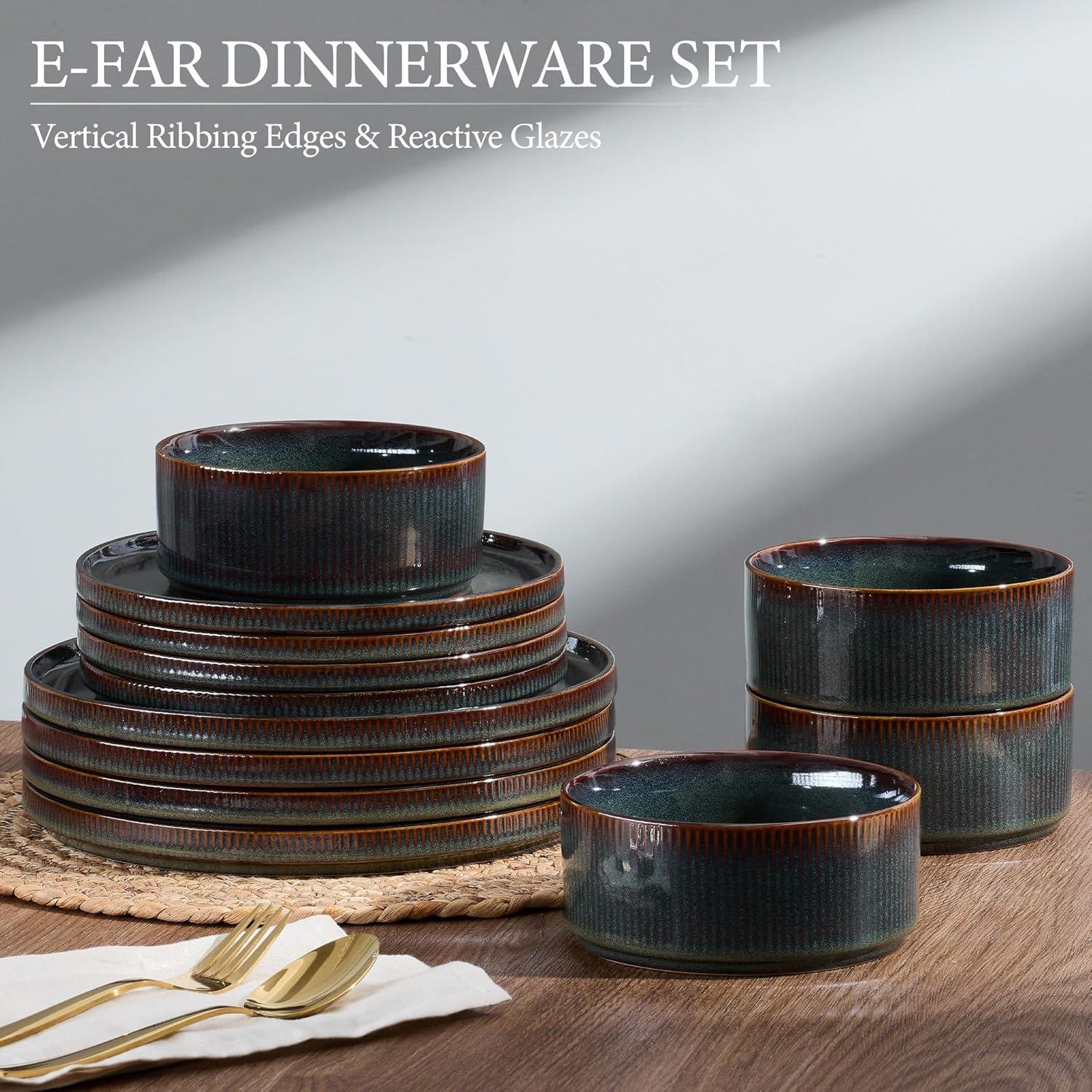 imageEfar Stoneware Dinnerware Sets for 2 6Piece Plates and Bowls Sets Chip amp Scratch Resistant Ribbed Dish Set for Home Restaurant Microwave amp Dishwasher Safe Dusty BlueBlackish Green