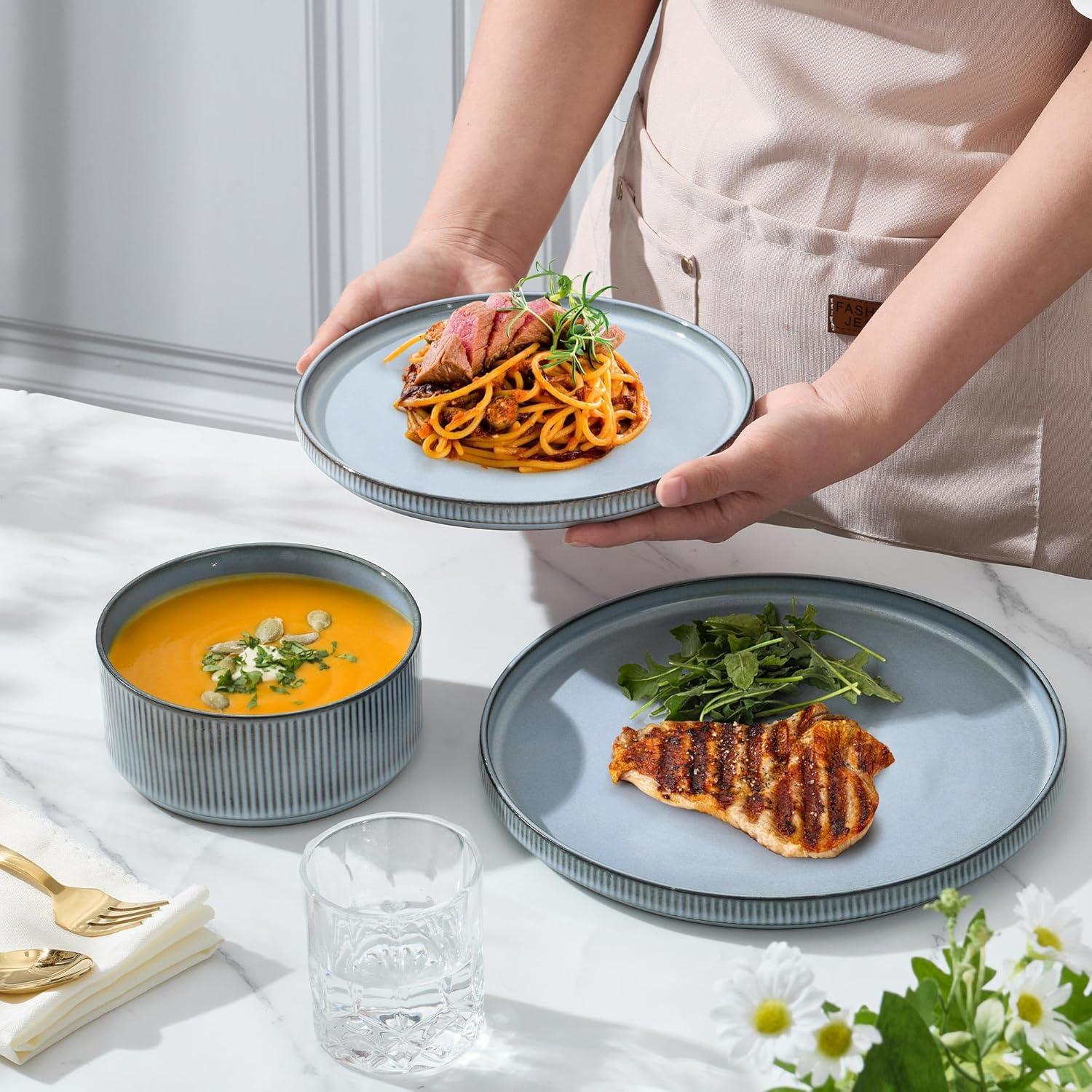 imageEfar Stoneware Dinnerware Sets for 2 6Piece Plates and Bowls Sets Chip amp Scratch Resistant Ribbed Dish Set for Home Restaurant Microwave amp Dishwasher Safe Dusty BlueDusty Blue