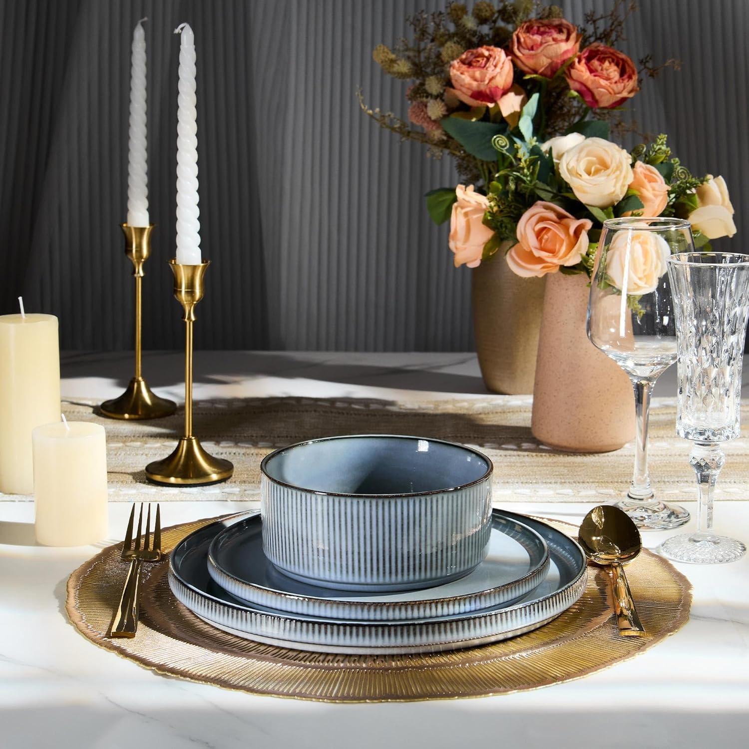 imageEfar Stoneware Dinnerware Sets for 2 6Piece Plates and Bowls Sets Chip amp Scratch Resistant Ribbed Dish Set for Home Restaurant Microwave amp Dishwasher Safe Midnight BlueDusty Blue