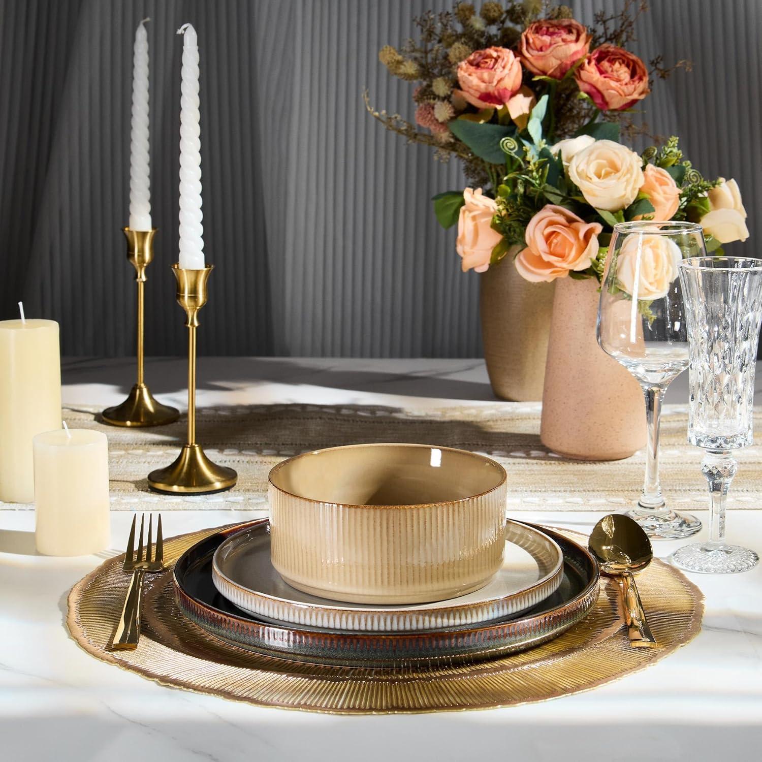imageEfar Stoneware Dinnerware Sets for 2 6Piece Plates and Bowls Sets Chip amp Scratch Resistant Ribbed Dish Set for Home Restaurant Microwave amp Dishwasher Safe Dusty BlueMulticolor