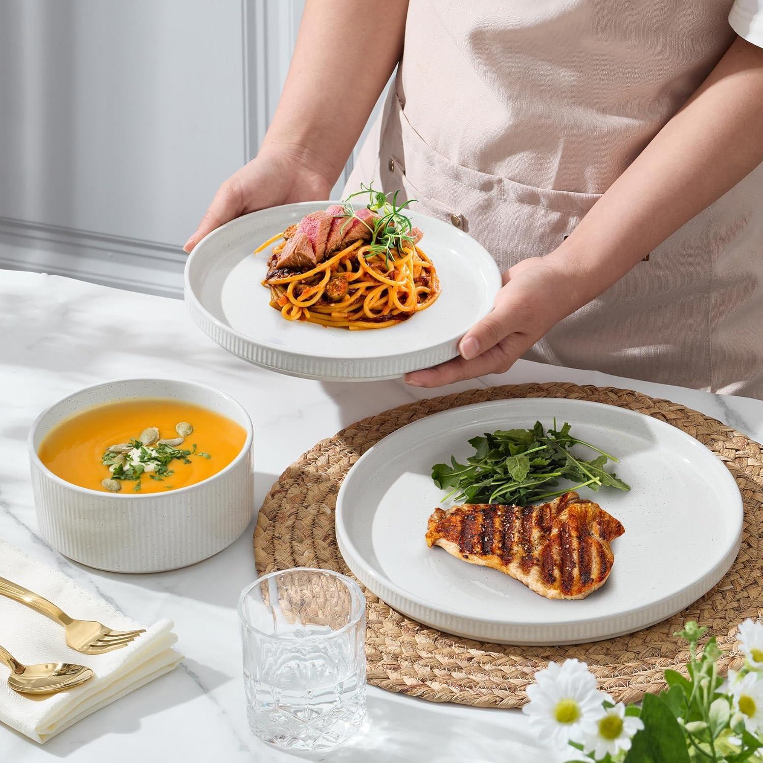 imageEfar Stoneware Dinnerware Sets for 2 6Piece Plates and Bowls Sets Chip amp Scratch Resistant Ribbed Dish Set for Home Restaurant Microwave amp Dishwasher Safe Dusty BlueSpeckled White