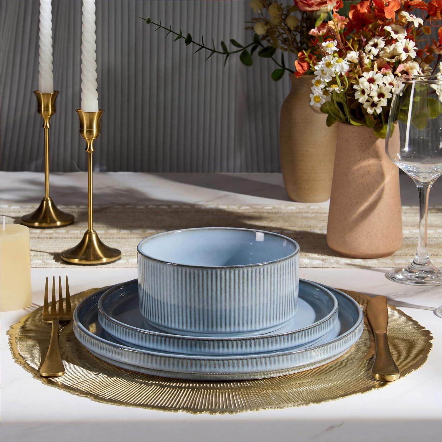 imageEfar Stoneware Dinnerware Sets for 2 6Piece Plates and Bowls Sets Chip amp Scratch Resistant Ribbed Dish Set for Home Restaurant Microwave amp Dishwasher Safe Midnight BlueDusty Blue