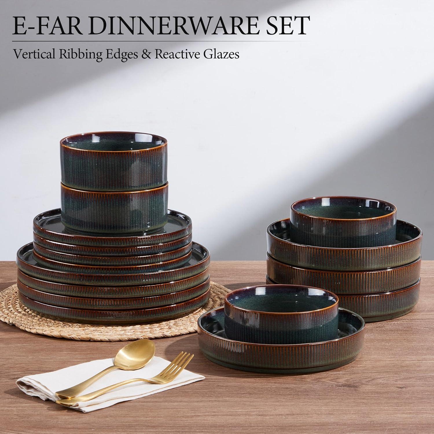 imageEfar Stoneware Dinnerware Sets for 2 6Piece Plates and Bowls Sets Chip amp Scratch Resistant Ribbed Dish Set for Home Restaurant Microwave amp Dishwasher Safe Midnight BlueBlackish Green