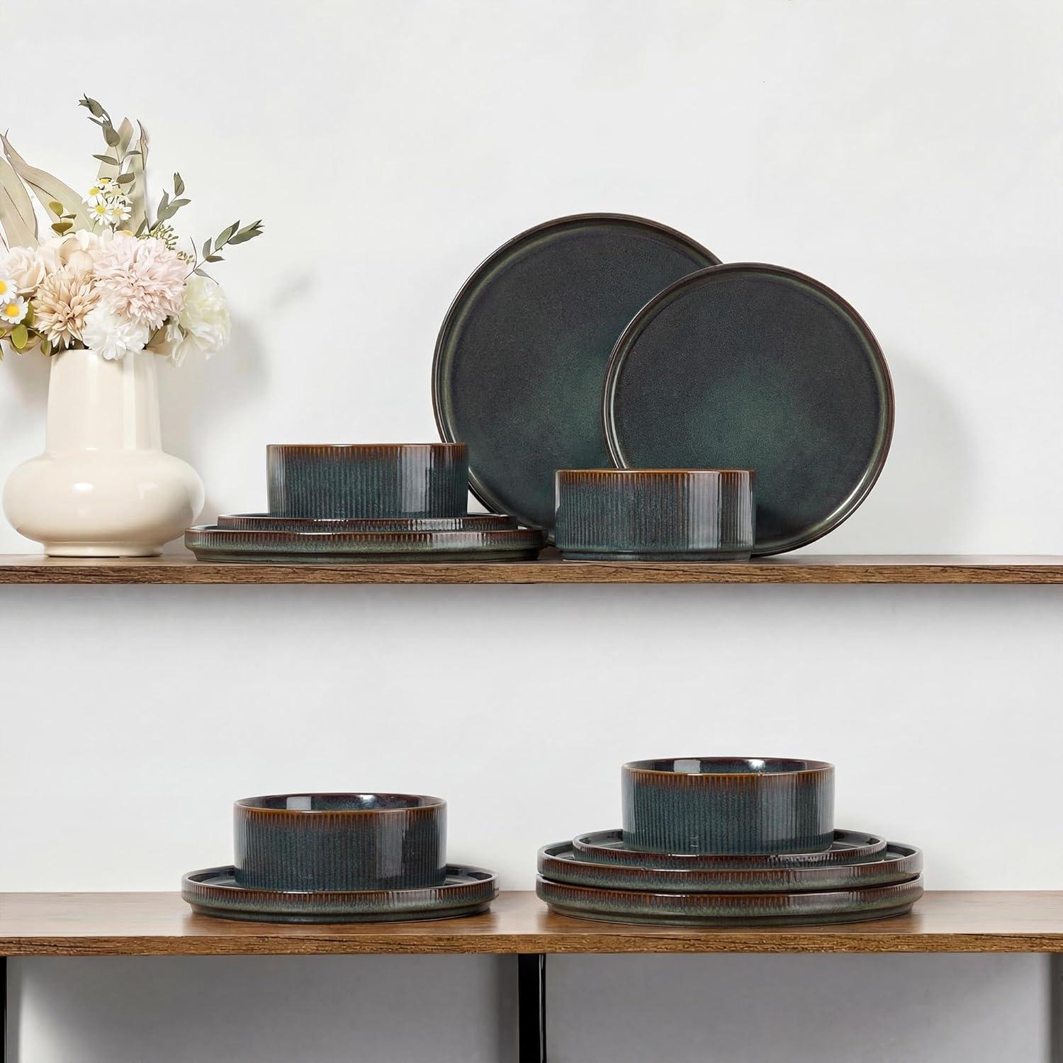 imageEfar Stoneware Dinnerware Sets for 2 6Piece Plates and Bowls Sets Chip amp Scratch Resistant Ribbed Dish Set for Home Restaurant Microwave amp Dishwasher Safe Dusty BlueBlackish Green