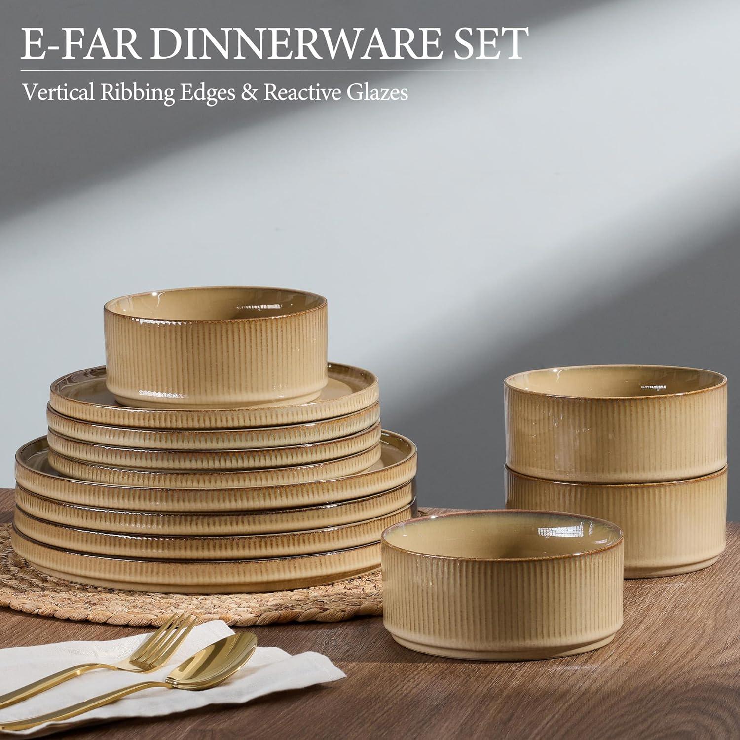 imageEfar Stoneware Dinnerware Sets for 2 6Piece Plates and Bowls Sets Chip amp Scratch Resistant Ribbed Dish Set for Home Restaurant Microwave amp Dishwasher Safe Dusty BlueCaramel Khaki