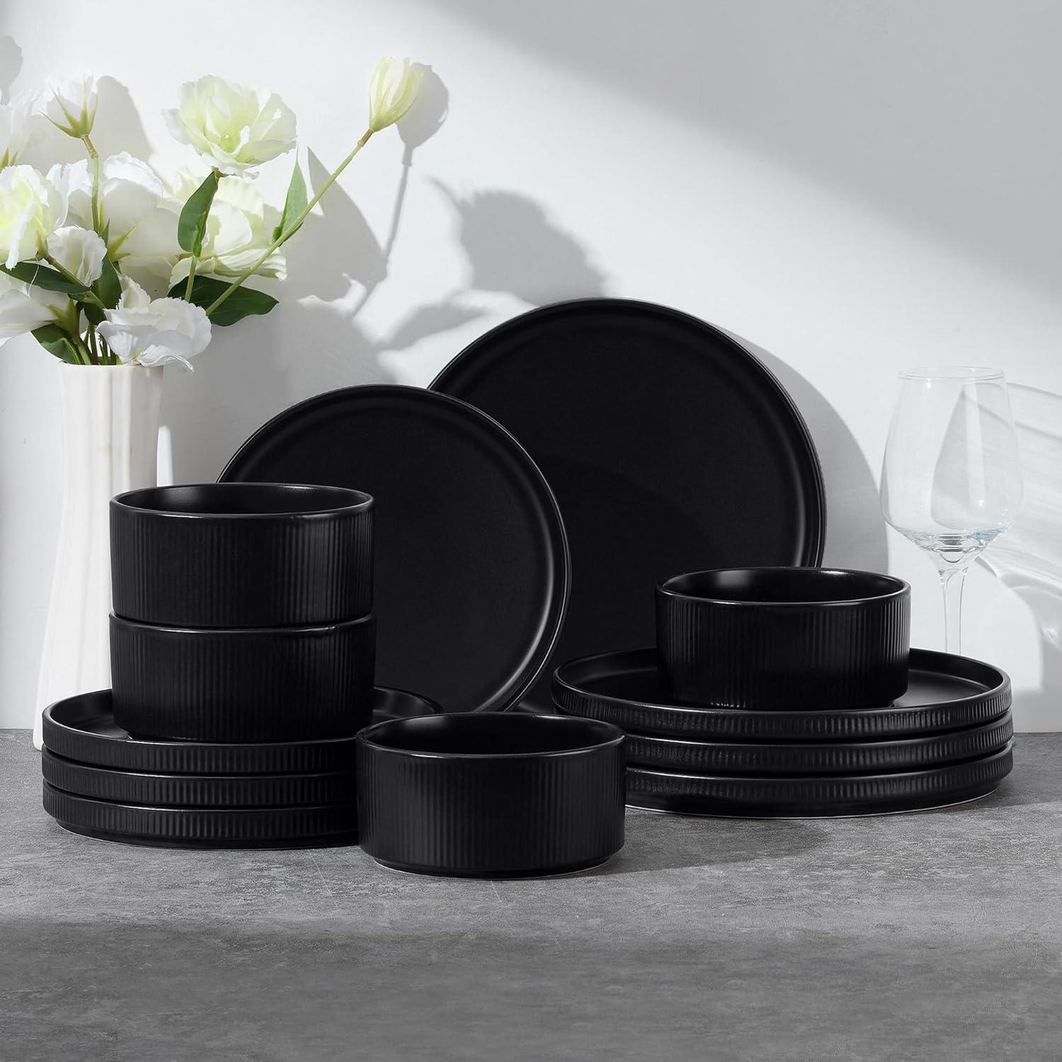 imageEfar Stoneware Dinnerware Sets for 2 6Piece Plates and Bowls Sets Chip amp Scratch Resistant Ribbed Dish Set for Home Restaurant Microwave amp Dishwasher Safe Midnight BlueMatte Black