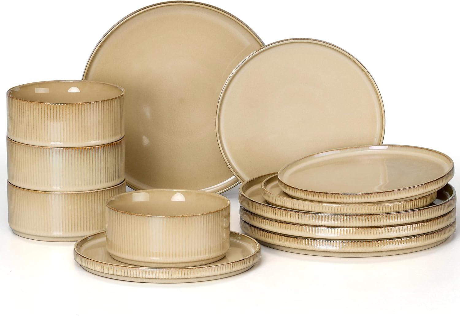 imageEfar Stoneware Dinnerware Sets for 2 6Piece Plates and Bowls Sets Chip amp Scratch Resistant Ribbed Dish Set for Home Restaurant Microwave amp Dishwasher Safe Midnight BlueCaramel Khaki