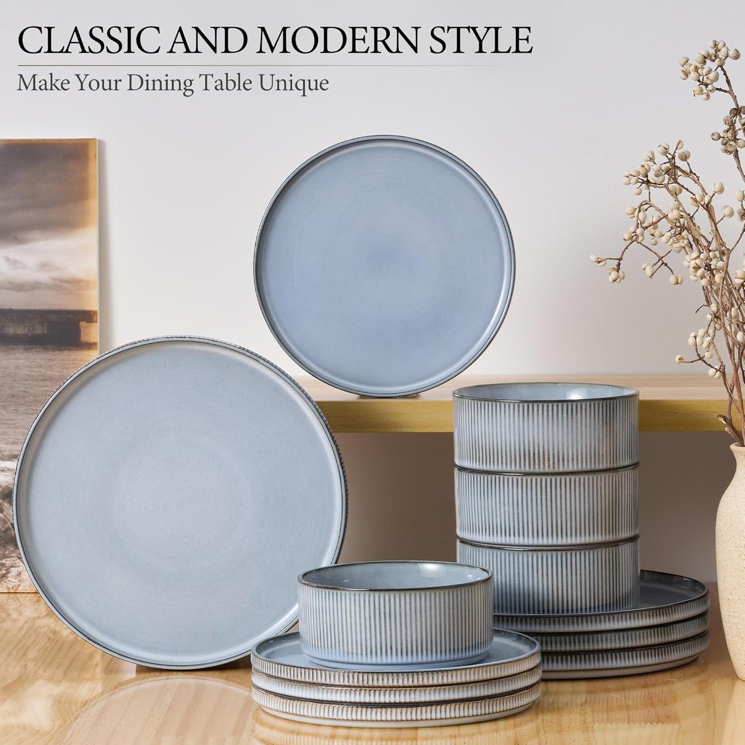 imageEfar Stoneware Dinnerware Sets for 2 6Piece Plates and Bowls Sets Chip amp Scratch Resistant Ribbed Dish Set for Home Restaurant Microwave amp Dishwasher Safe Dusty BlueDusty Blue