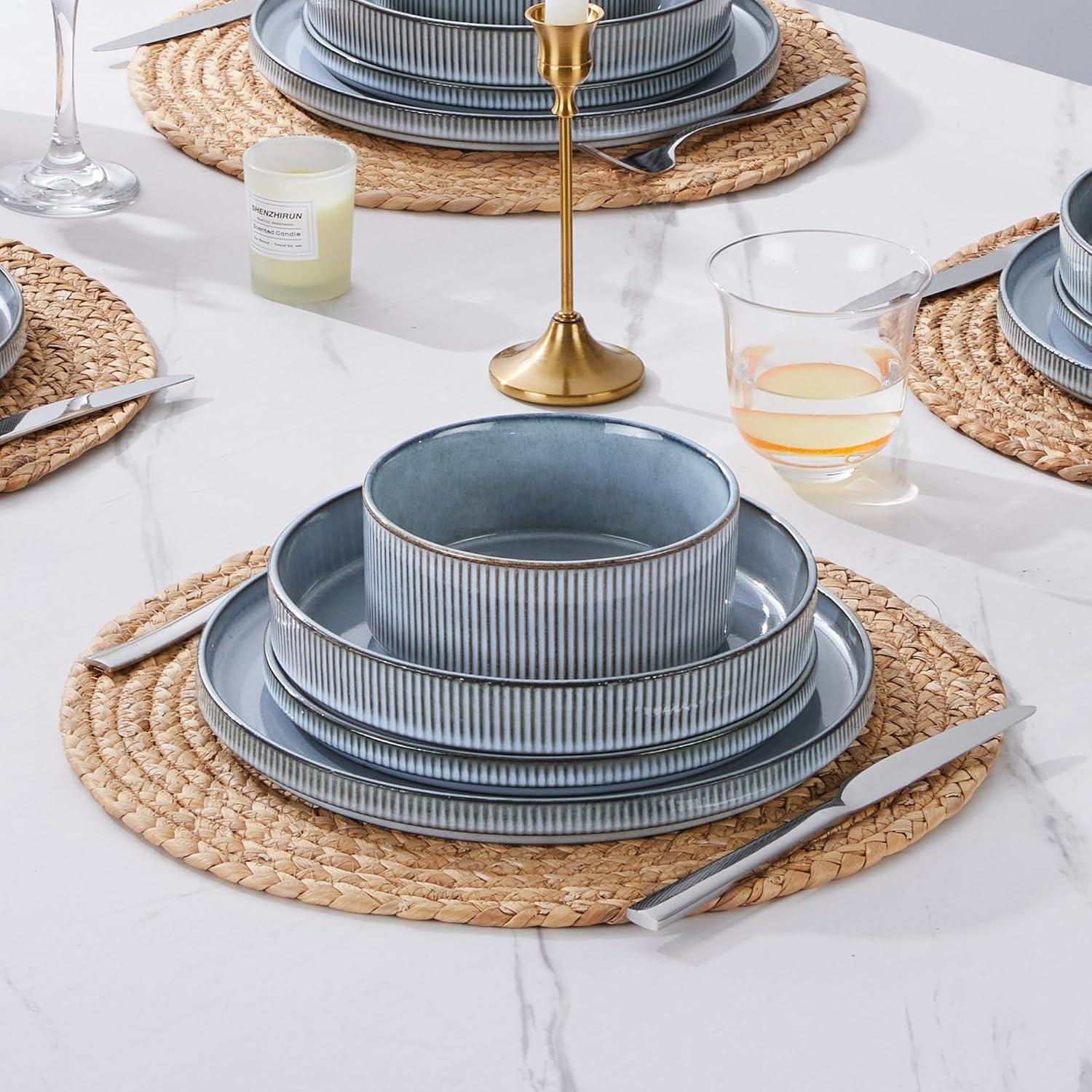 imageEfar Stoneware Dinnerware Sets for 2 6Piece Plates and Bowls Sets Chip amp Scratch Resistant Ribbed Dish Set for Home Restaurant Microwave amp Dishwasher Safe Midnight BlueDusty Blue