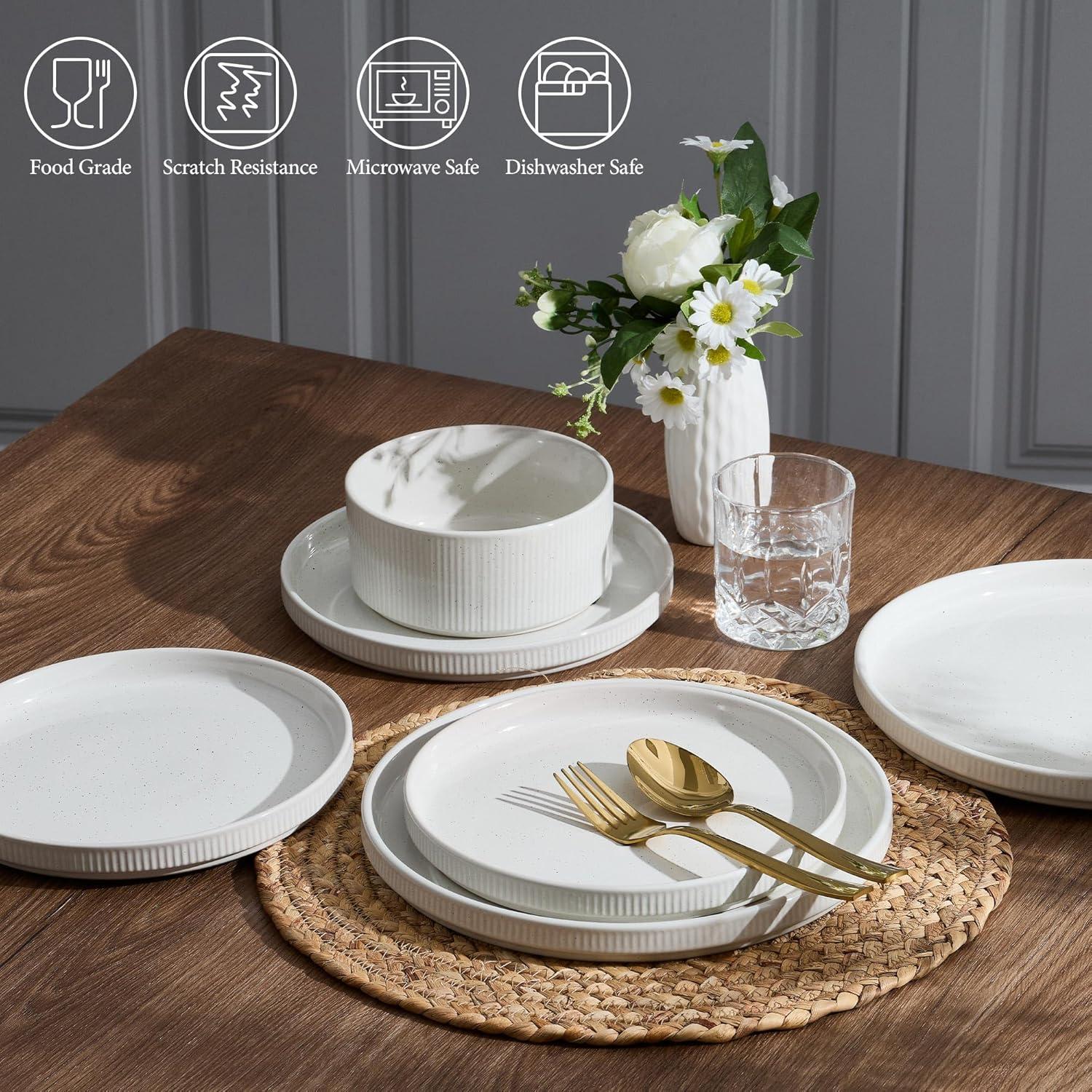 imageEfar Stoneware Dinnerware Sets for 2 6Piece Plates and Bowls Sets Chip amp Scratch Resistant Ribbed Dish Set for Home Restaurant Microwave amp Dishwasher Safe Dusty BlueSpeckled White