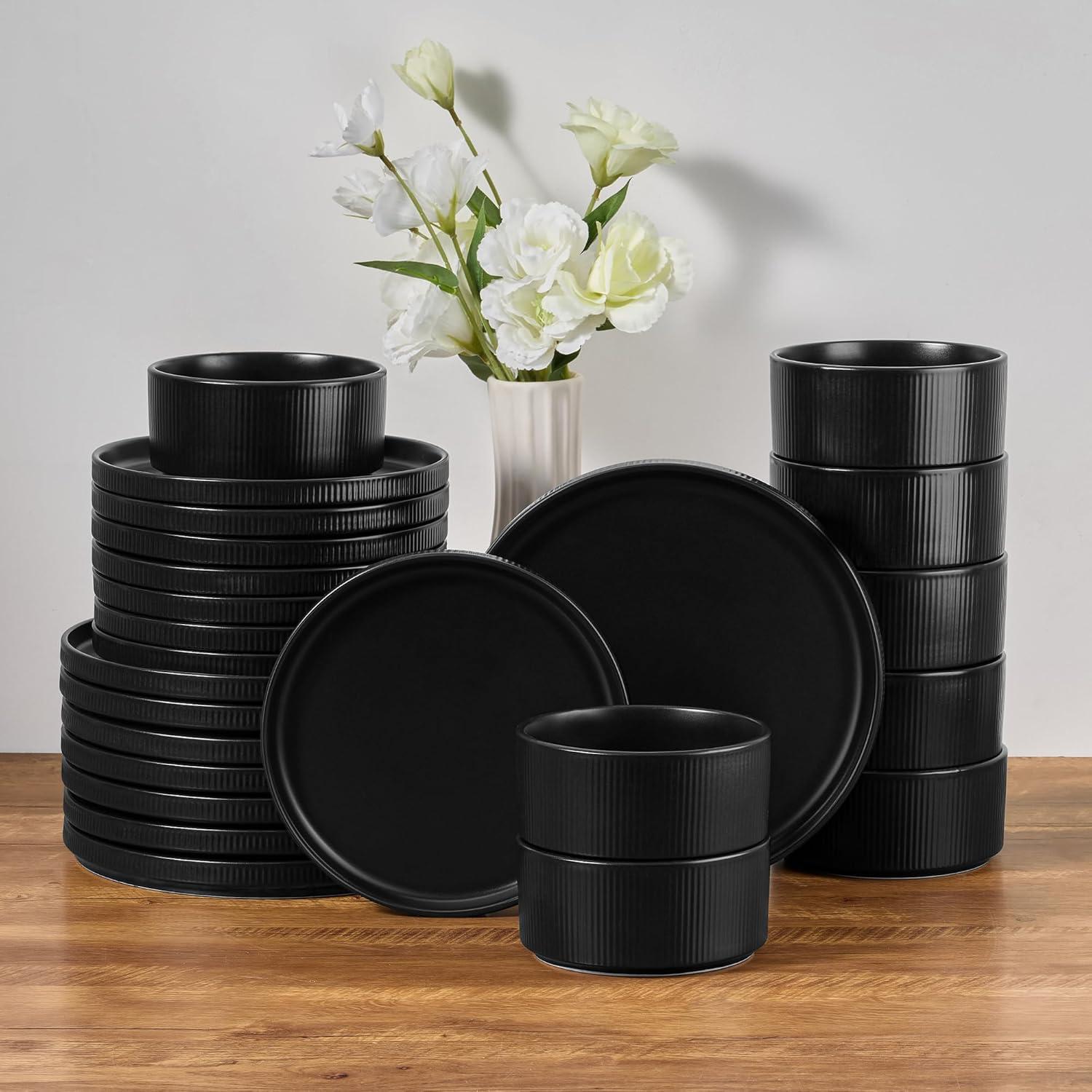 imageEfar Stoneware Dinnerware Sets for 2 6Piece Plates and Bowls Sets Chip amp Scratch Resistant Ribbed Dish Set for Home Restaurant Microwave amp Dishwasher Safe Midnight BlueMatte Black
