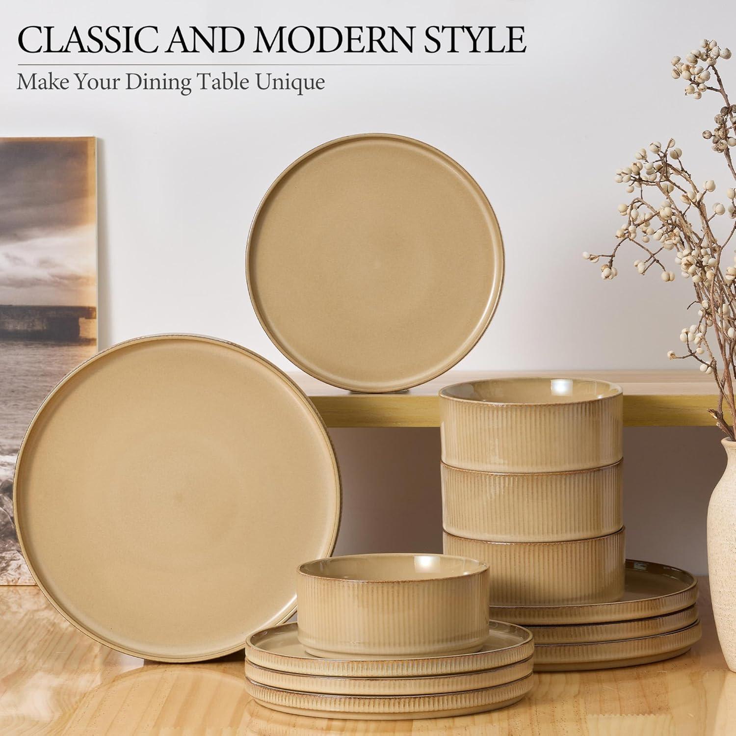 imageEfar Stoneware Dinnerware Sets for 2 6Piece Plates and Bowls Sets Chip amp Scratch Resistant Ribbed Dish Set for Home Restaurant Microwave amp Dishwasher Safe Dusty BlueCaramel Khaki