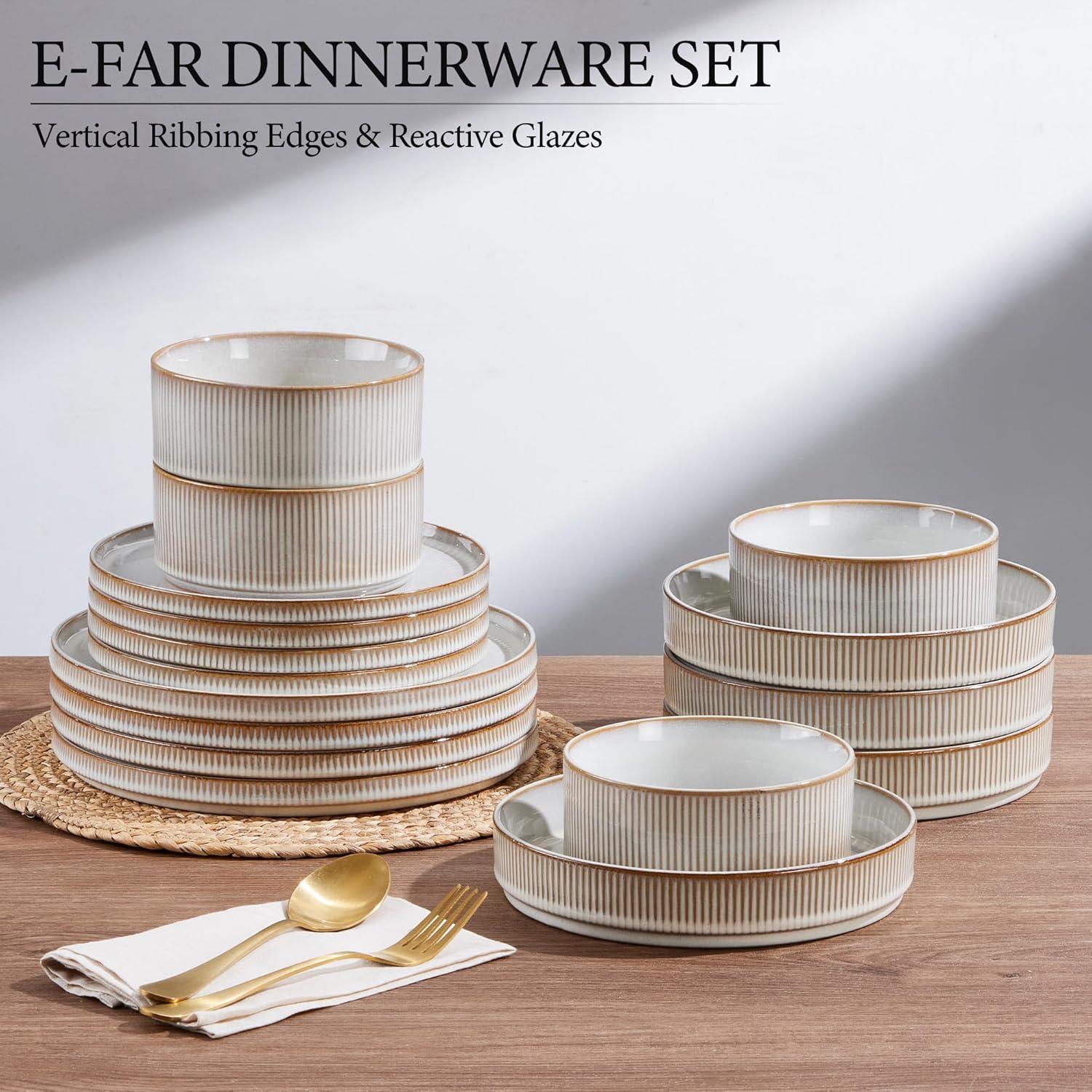 imageEfar Stoneware Dinnerware Sets for 2 6Piece Plates and Bowls Sets Chip amp Scratch Resistant Ribbed Dish Set for Home Restaurant Microwave amp Dishwasher Safe Midnight BlueCreamy Beige