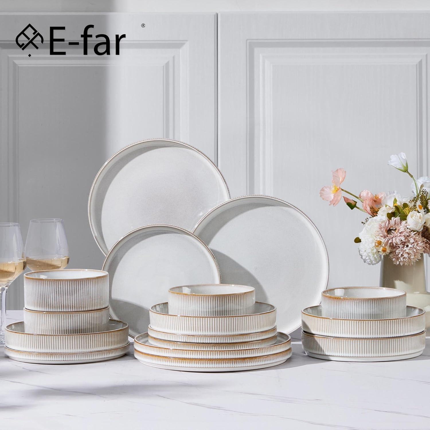 imageEfar Stoneware Dinnerware Sets for 2 6Piece Plates and Bowls Sets Chip amp Scratch Resistant Ribbed Dish Set for Home Restaurant Microwave amp Dishwasher Safe Midnight BlueCreamy Beige
