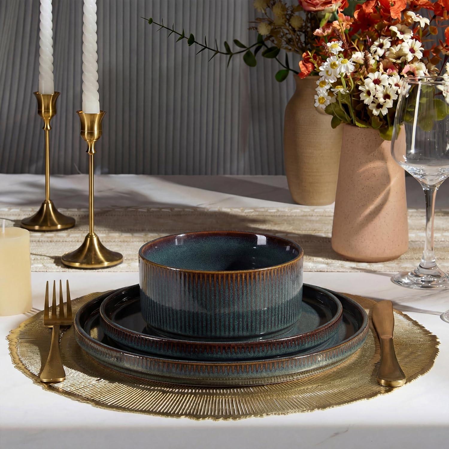 imageEfar Stoneware Dinnerware Sets for 2 6Piece Plates and Bowls Sets Chip amp Scratch Resistant Ribbed Dish Set for Home Restaurant Microwave amp Dishwasher Safe Dusty BlueBlackish Green