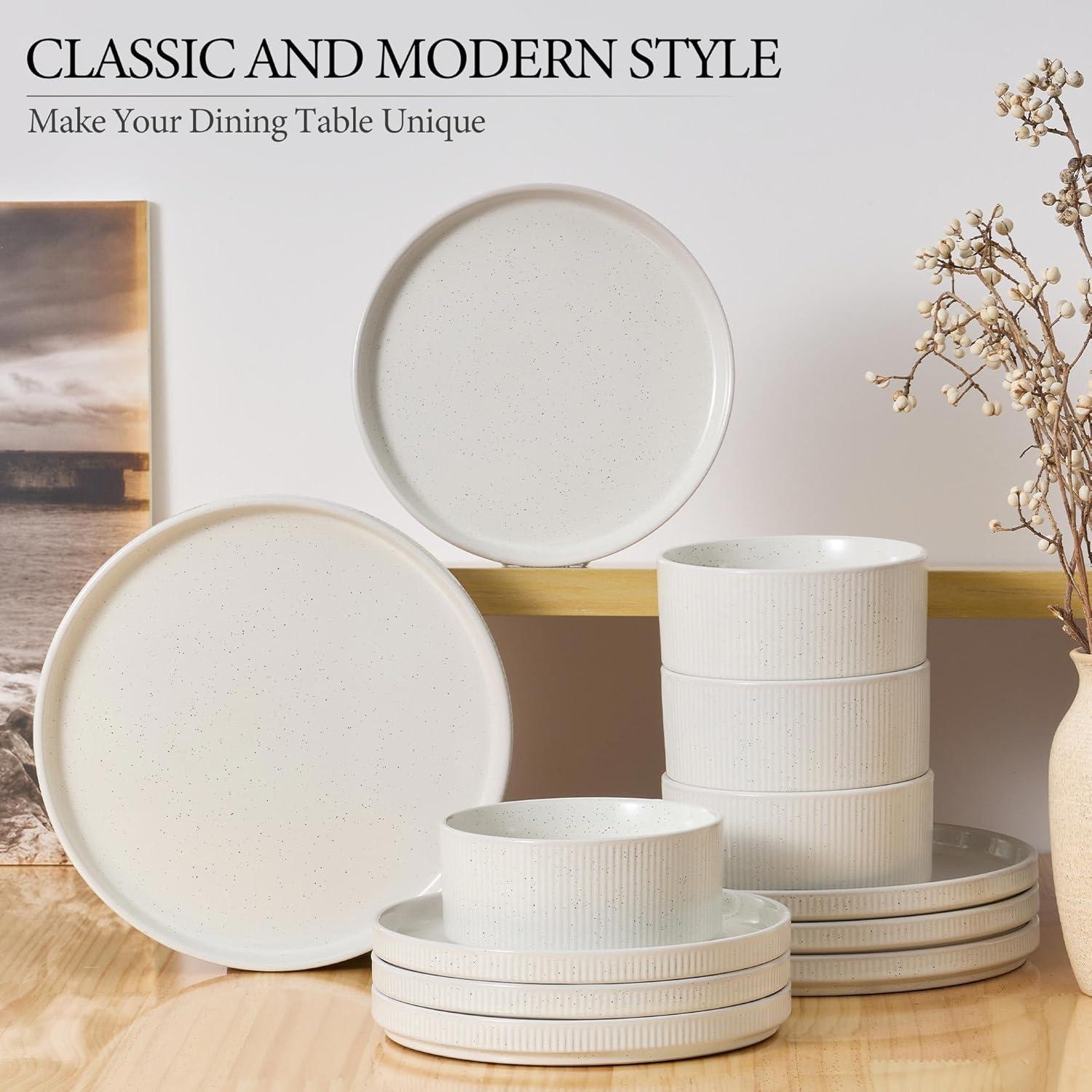 imageEfar Stoneware Dinnerware Sets for 2 6Piece Plates and Bowls Sets Chip amp Scratch Resistant Ribbed Dish Set for Home Restaurant Microwave amp Dishwasher Safe Dusty BlueSpeckled White