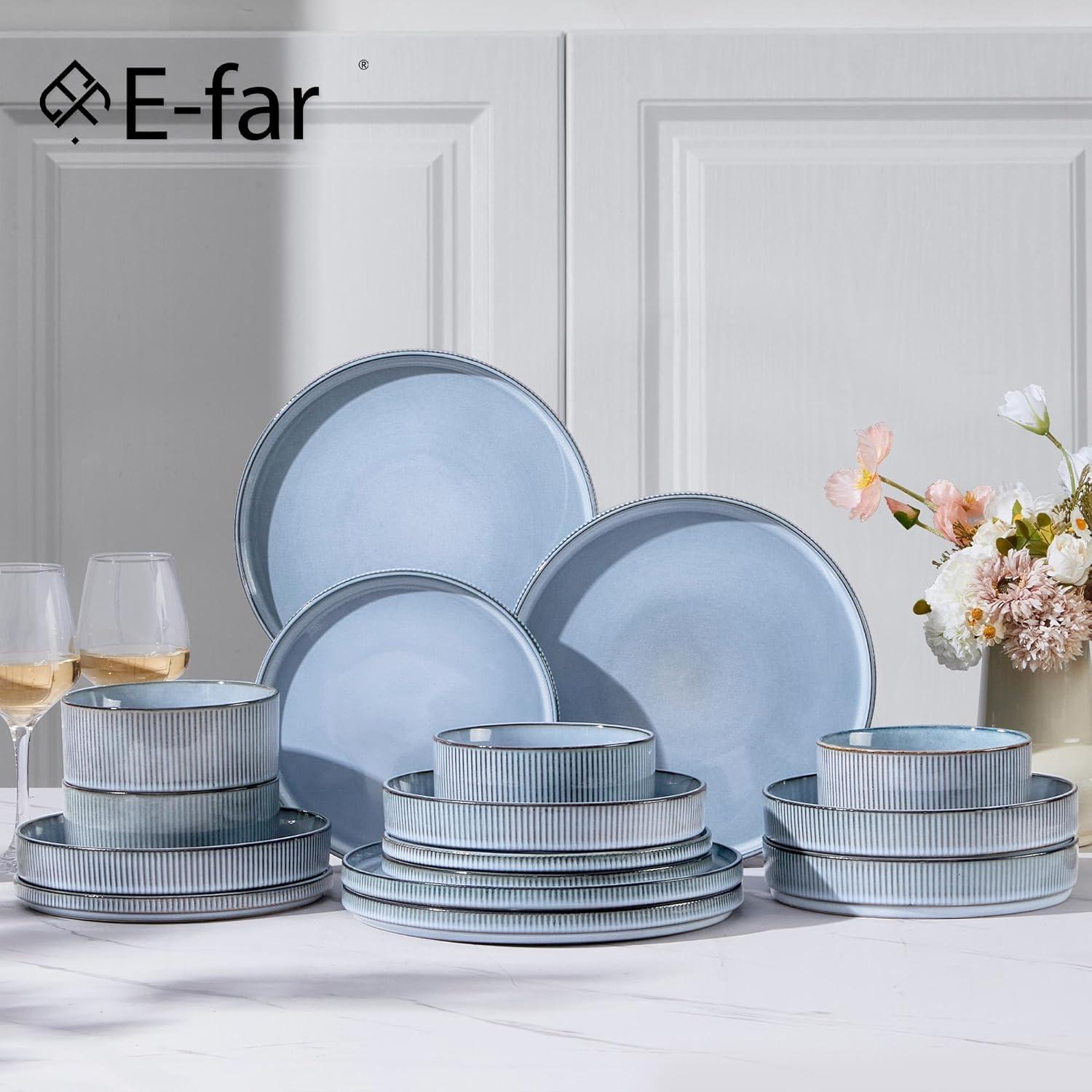 imageEfar Stoneware Dinnerware Sets for 2 6Piece Plates and Bowls Sets Chip amp Scratch Resistant Ribbed Dish Set for Home Restaurant Microwave amp Dishwasher Safe Midnight BlueDusty Blue