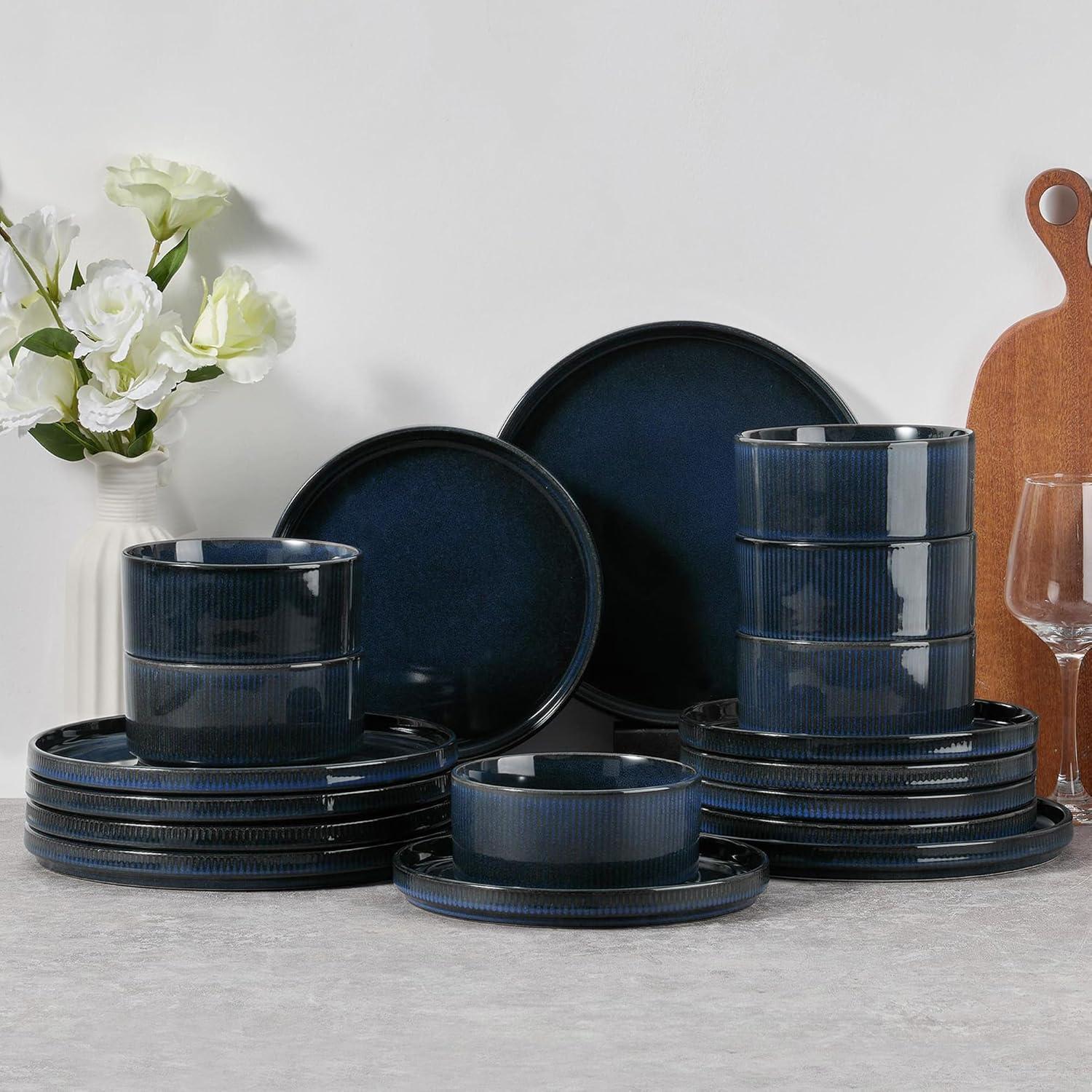 imageEfar Stoneware Dinnerware Sets for 2 6Piece Plates and Bowls Sets Chip amp Scratch Resistant Ribbed Dish Set for Home Restaurant Microwave amp Dishwasher Safe Midnight BlueMidnight Blue