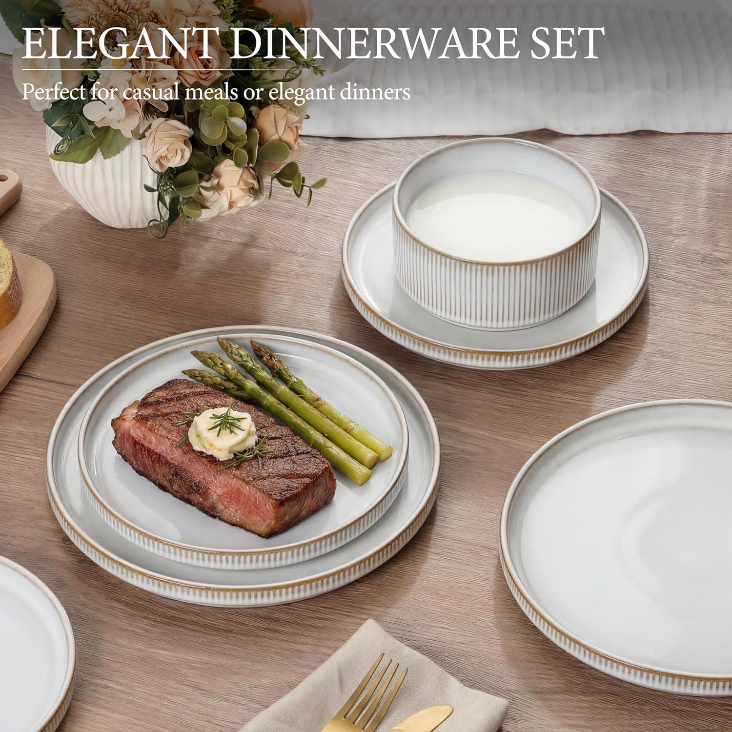 imageEfar Stoneware Dinnerware Sets for 2 6Piece Plates and Bowls Sets Chip amp Scratch Resistant Ribbed Dish Set for Home Restaurant Microwave amp Dishwasher Safe Dusty BlueCreamy Beige