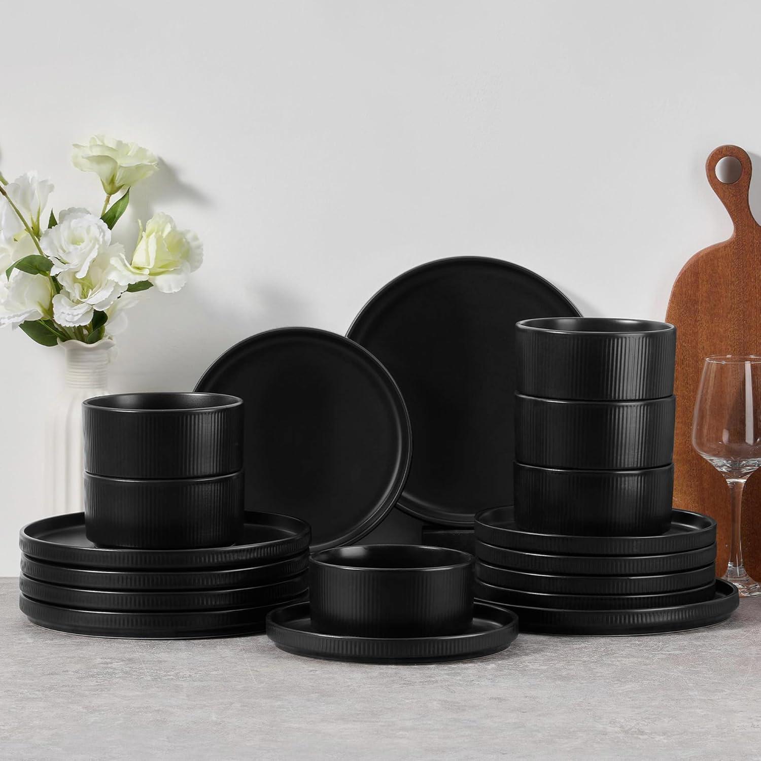 imageEfar Stoneware Dinnerware Sets for 2 6Piece Plates and Bowls Sets Chip amp Scratch Resistant Ribbed Dish Set for Home Restaurant Microwave amp Dishwasher Safe Midnight BlueMatte Black