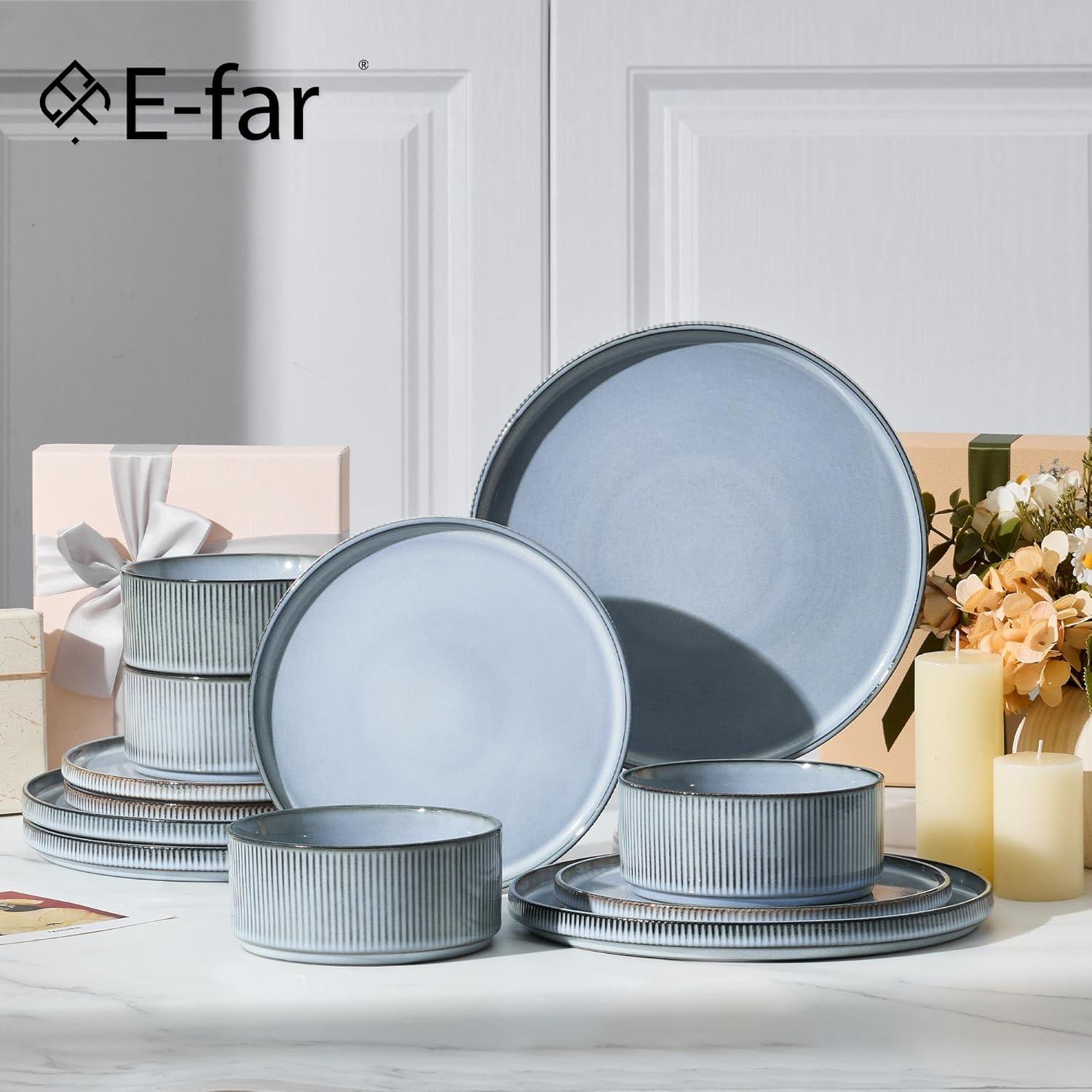 imageEfar Stoneware Dinnerware Sets for 2 6Piece Plates and Bowls Sets Chip amp Scratch Resistant Ribbed Dish Set for Home Restaurant Microwave amp Dishwasher Safe Dusty BlueDusty Blue