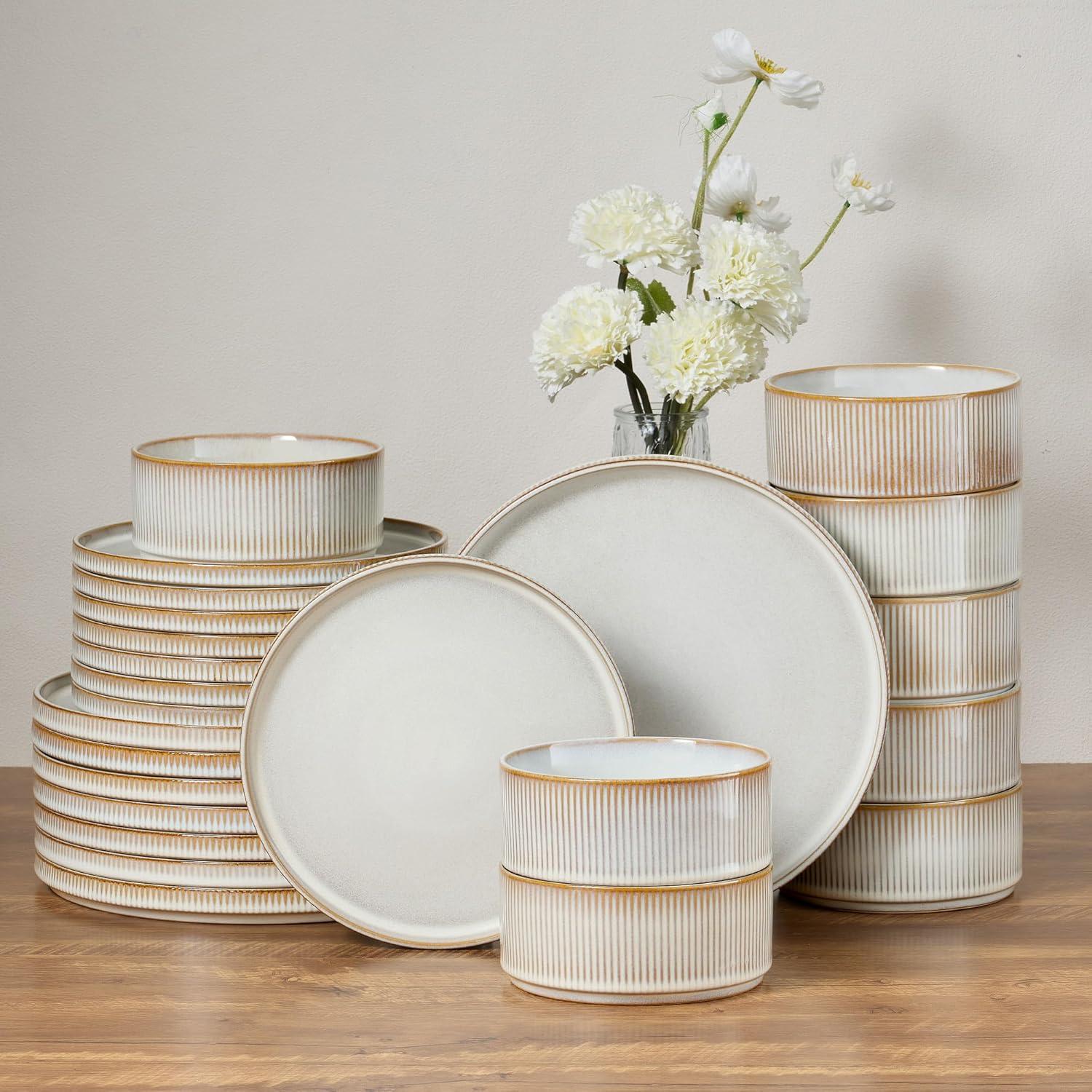 imageEfar Stoneware Dinnerware Sets for 2 6Piece Plates and Bowls Sets Chip amp Scratch Resistant Ribbed Dish Set for Home Restaurant Microwave amp Dishwasher Safe Midnight BlueCreamy Beige
