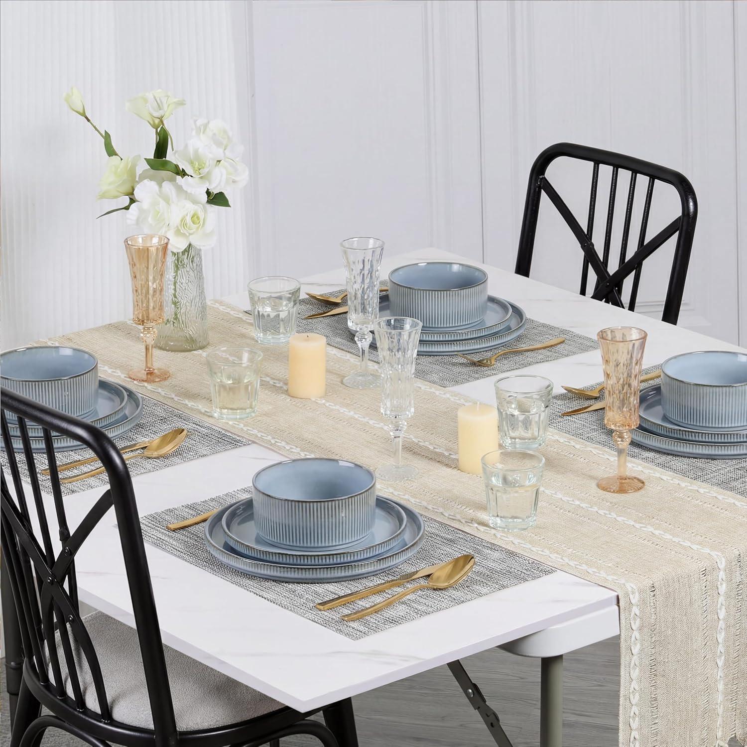 imageEfar Stoneware Dinnerware Sets for 2 6Piece Plates and Bowls Sets Chip amp Scratch Resistant Ribbed Dish Set for Home Restaurant Microwave amp Dishwasher Safe Dusty BlueDusty Blue