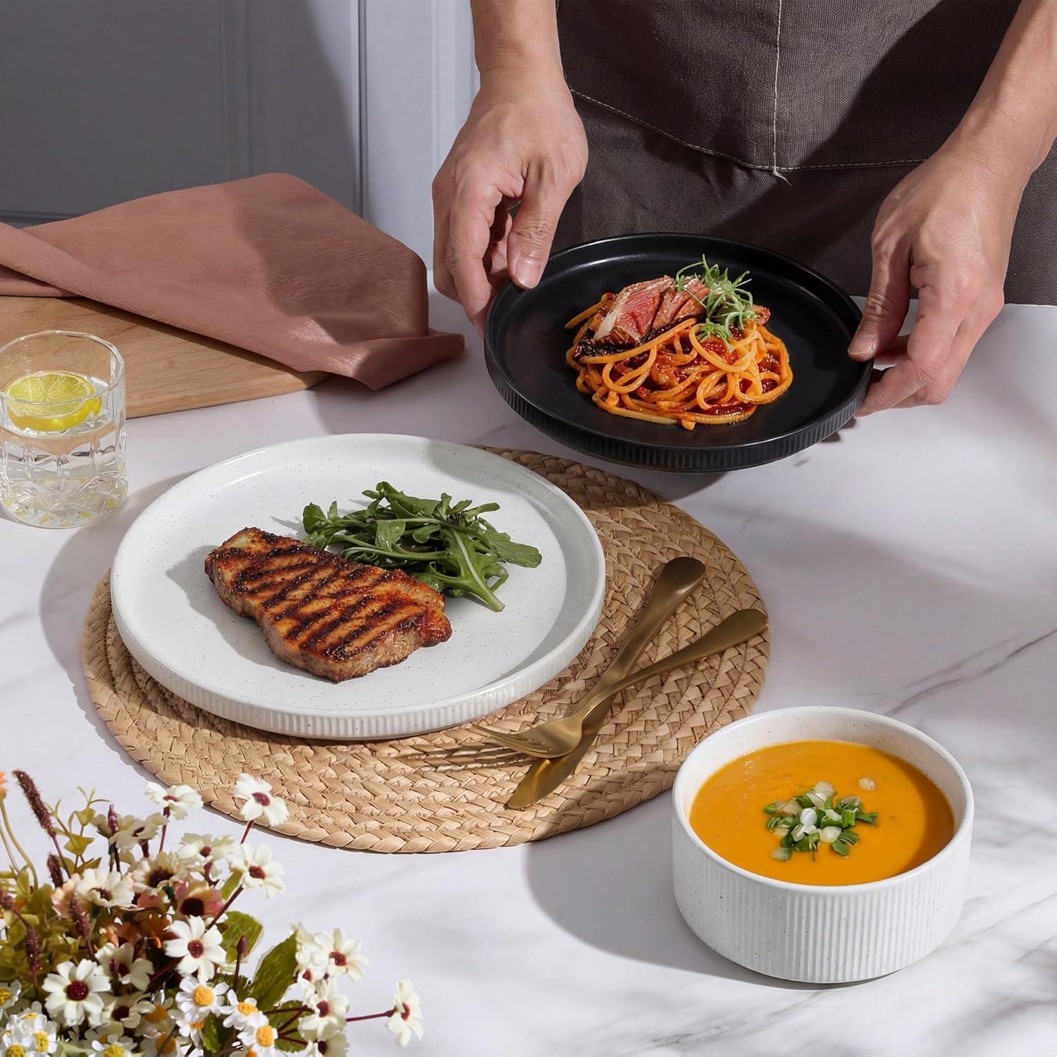 imageEfar Stoneware Dinnerware Sets for 2 6Piece Plates and Bowls Sets Chip amp Scratch Resistant Ribbed Dish Set for Home Restaurant Microwave amp Dishwasher Safe Midnight BlueSpeckled White Matte Black