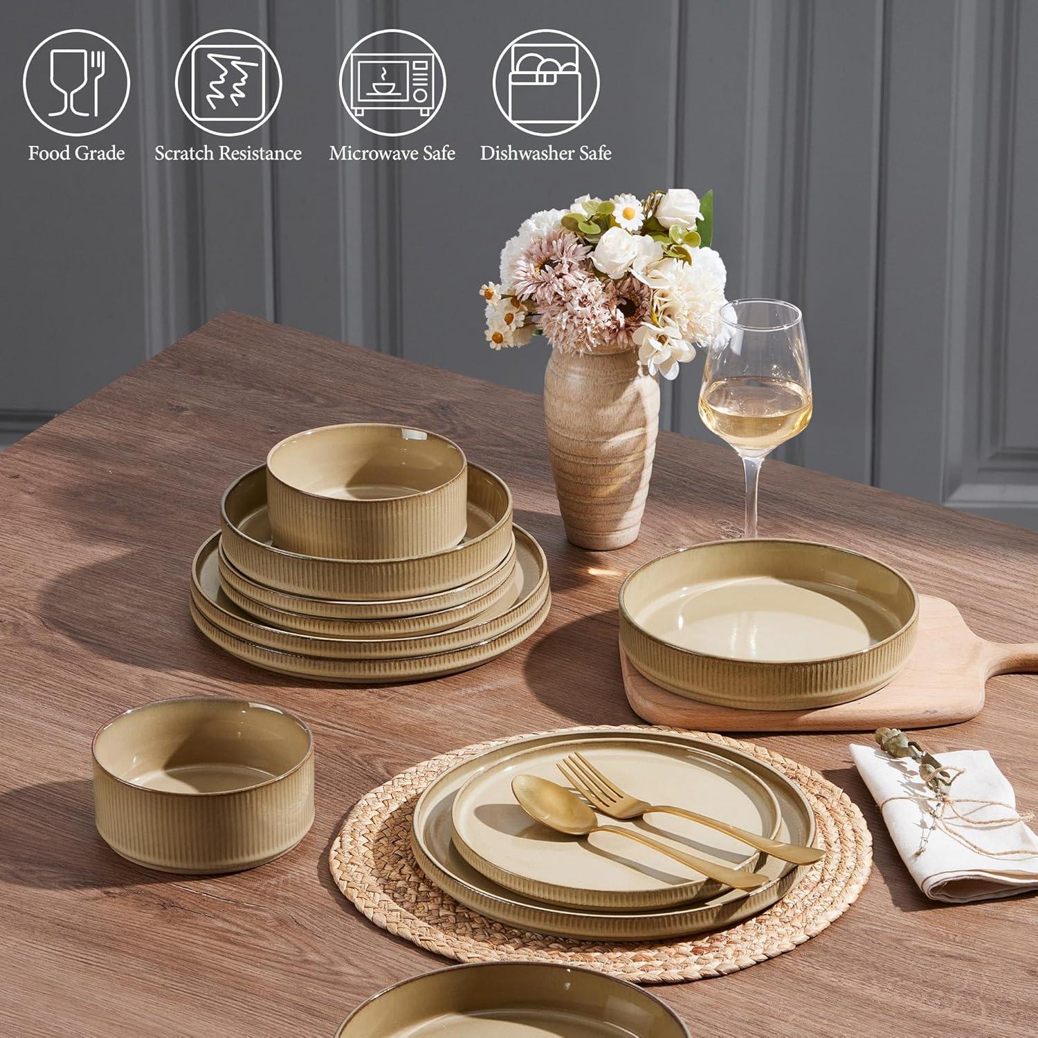 imageEfar Stoneware Dinnerware Sets for 2 6Piece Plates and Bowls Sets Chip amp Scratch Resistant Ribbed Dish Set for Home Restaurant Microwave amp Dishwasher Safe Dusty BlueCaramel Khaki