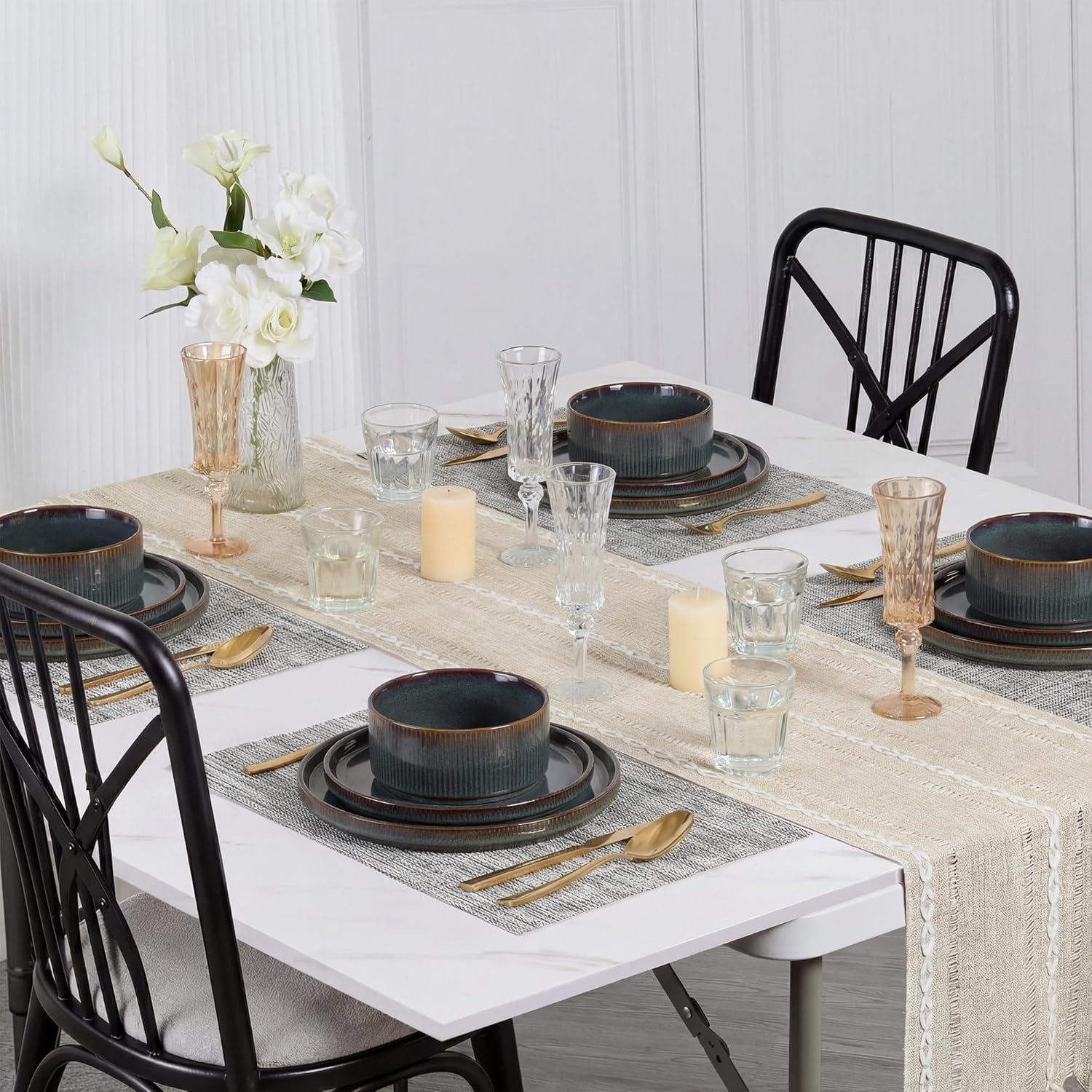 imageEfar Stoneware Dinnerware Sets for 2 6Piece Plates and Bowls Sets Chip amp Scratch Resistant Ribbed Dish Set for Home Restaurant Microwave amp Dishwasher Safe Midnight BlueBlackish Green
