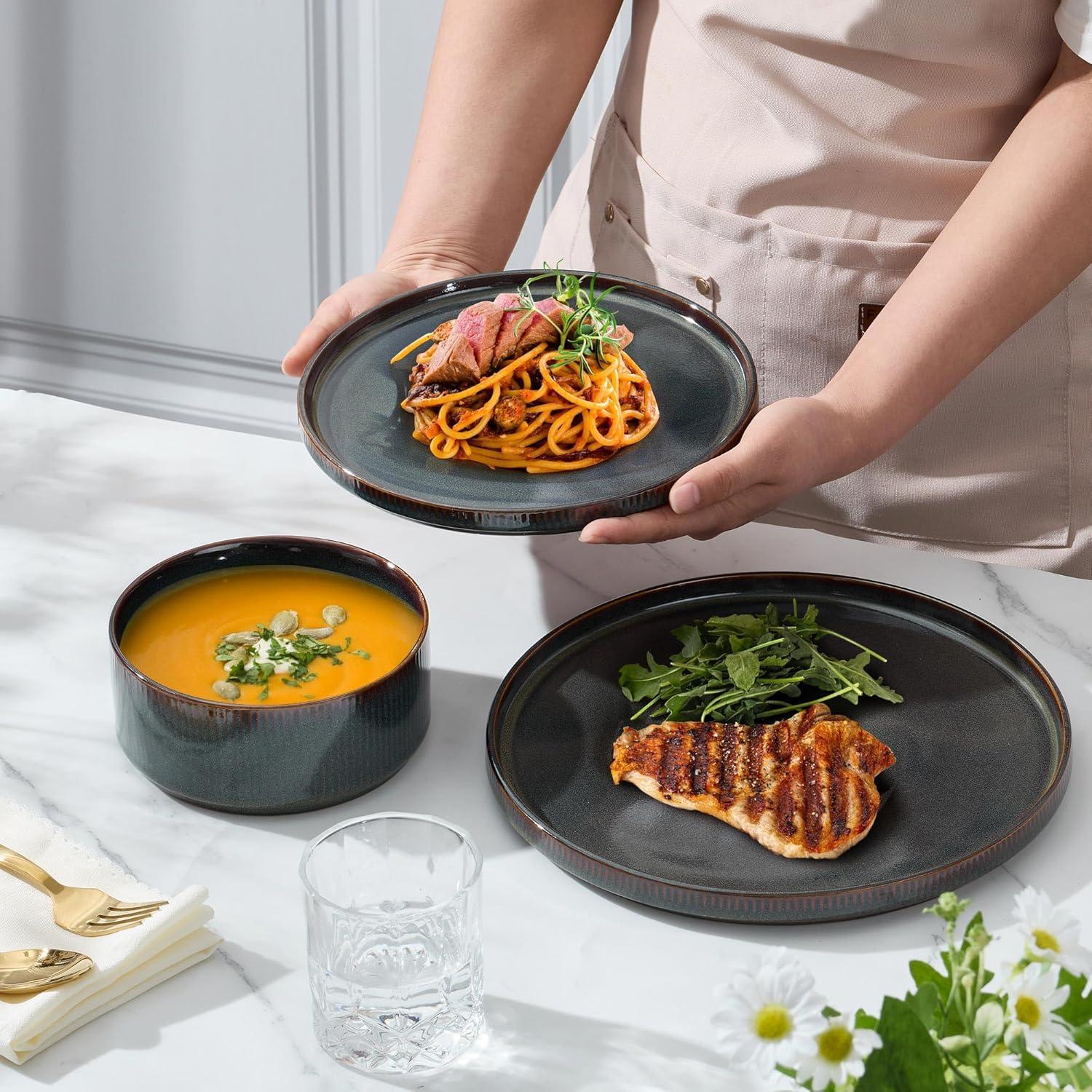 imageEfar Stoneware Dinnerware Sets for 2 6Piece Plates and Bowls Sets Chip amp Scratch Resistant Ribbed Dish Set for Home Restaurant Microwave amp Dishwasher Safe Dusty BlueBlackish Green
