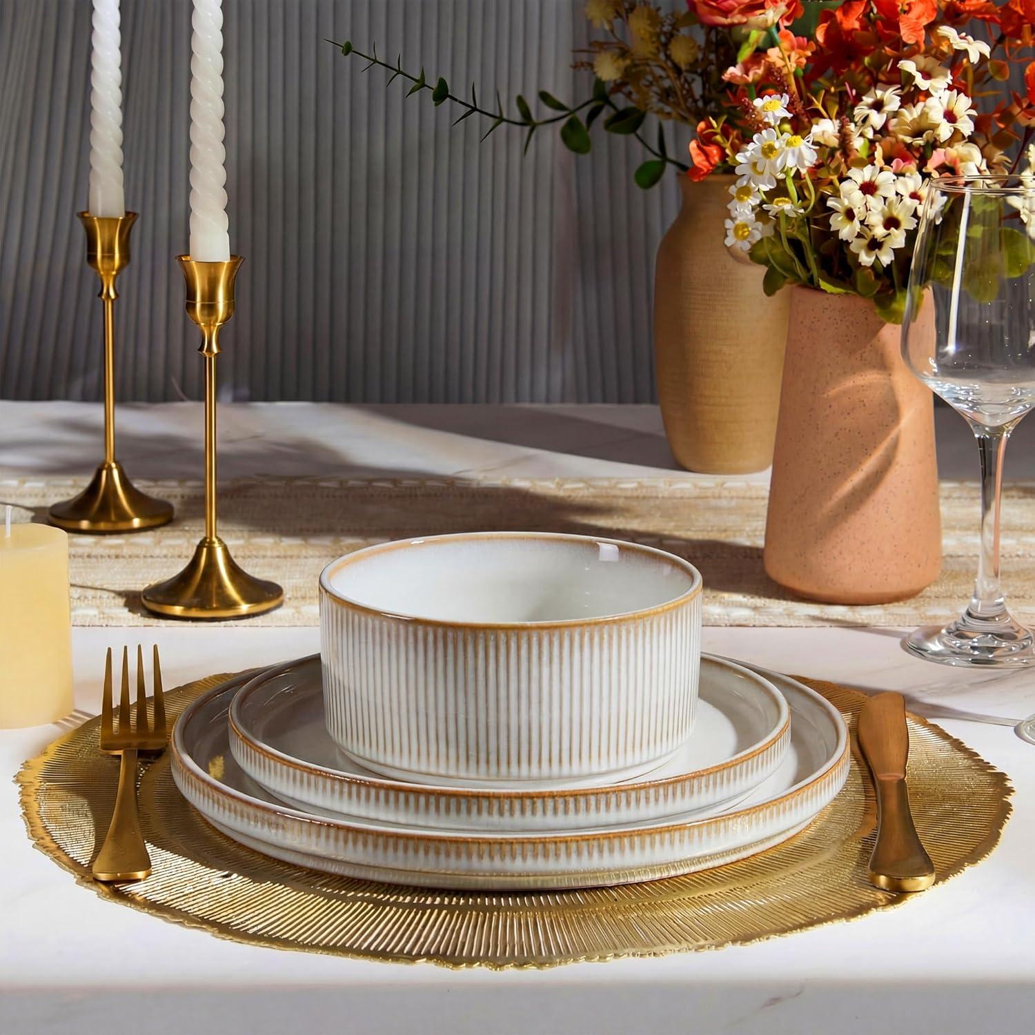 imageEfar Stoneware Dinnerware Sets for 2 6Piece Plates and Bowls Sets Chip amp Scratch Resistant Ribbed Dish Set for Home Restaurant Microwave amp Dishwasher Safe Midnight BlueCreamy Beige