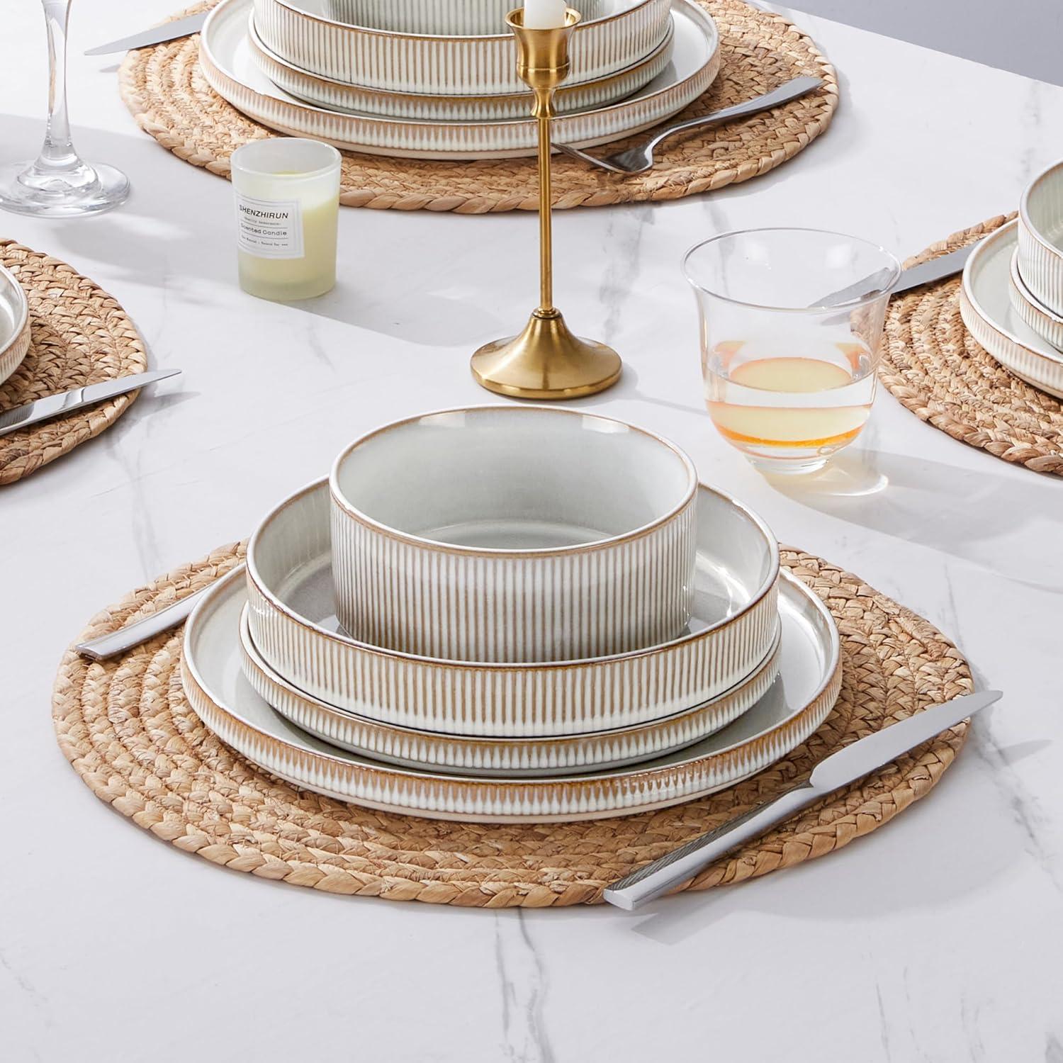 imageEfar Stoneware Dinnerware Sets for 2 6Piece Plates and Bowls Sets Chip amp Scratch Resistant Ribbed Dish Set for Home Restaurant Microwave amp Dishwasher Safe Midnight BlueCreamy Beige