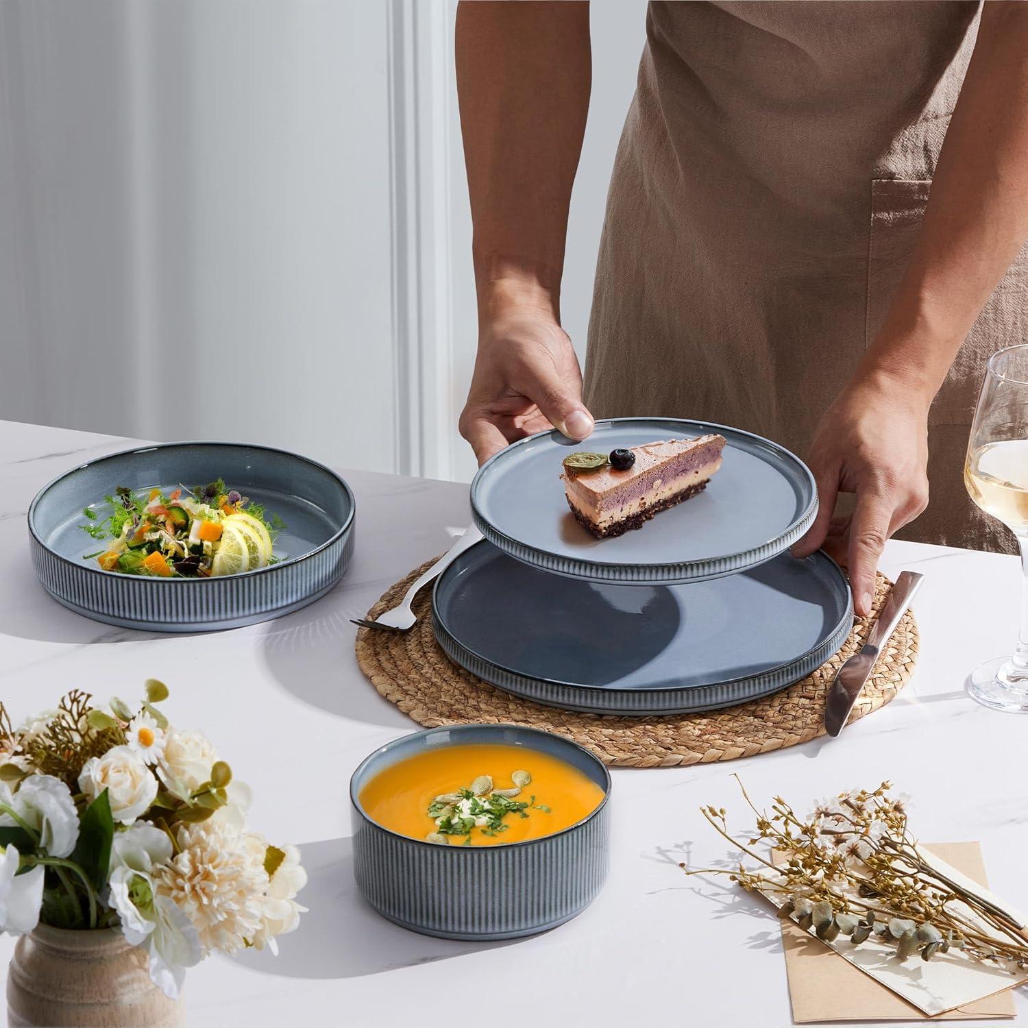 imageEfar Stoneware Dinnerware Sets for 2 6Piece Plates and Bowls Sets Chip amp Scratch Resistant Ribbed Dish Set for Home Restaurant Microwave amp Dishwasher Safe Midnight BlueDusty Blue