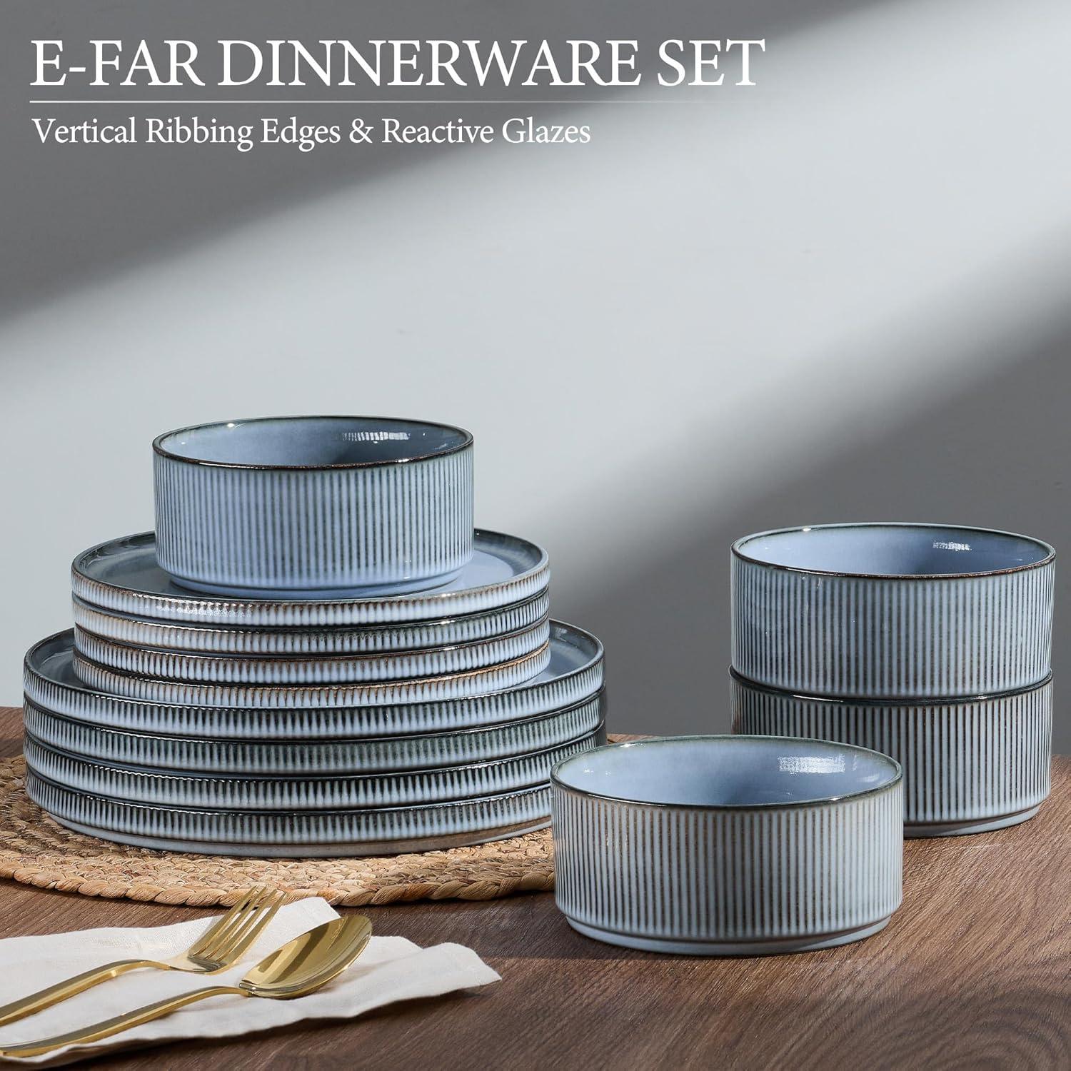 imageEfar Stoneware Dinnerware Sets for 2 6Piece Plates and Bowls Sets Chip amp Scratch Resistant Ribbed Dish Set for Home Restaurant Microwave amp Dishwasher Safe Midnight BlueDusty Blue